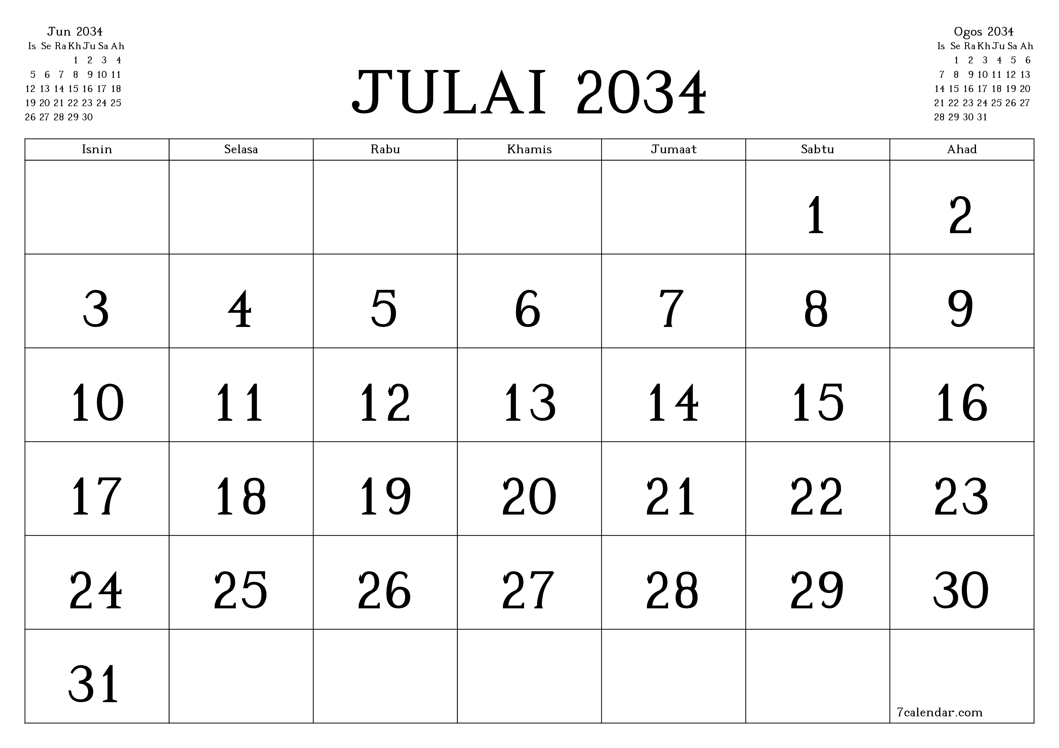Perancang bulanan kosong untuk bulan Julai 2034 dengan nota, simpan dan cetak ke PDF PNG Malay
