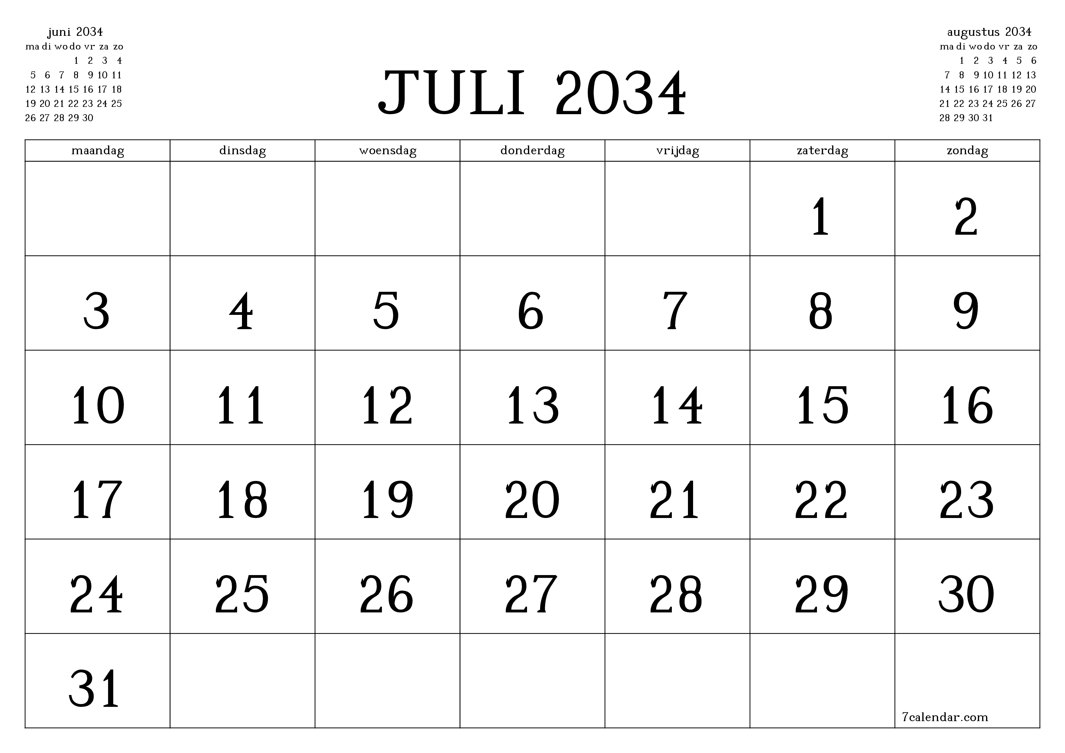 Lege maandplanner voor maand juli 2034 met notities, opslaan en afdrukken naar pdf PNG Dutch