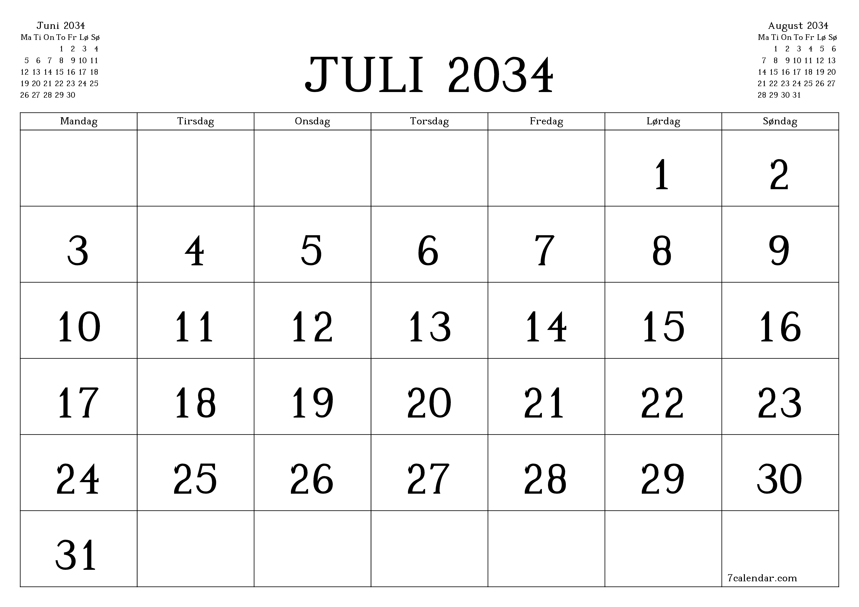 Tom månedlig planlegger for måned Juli 2034 med notater, lagre og skriv ut til PDF PNG Norwegian