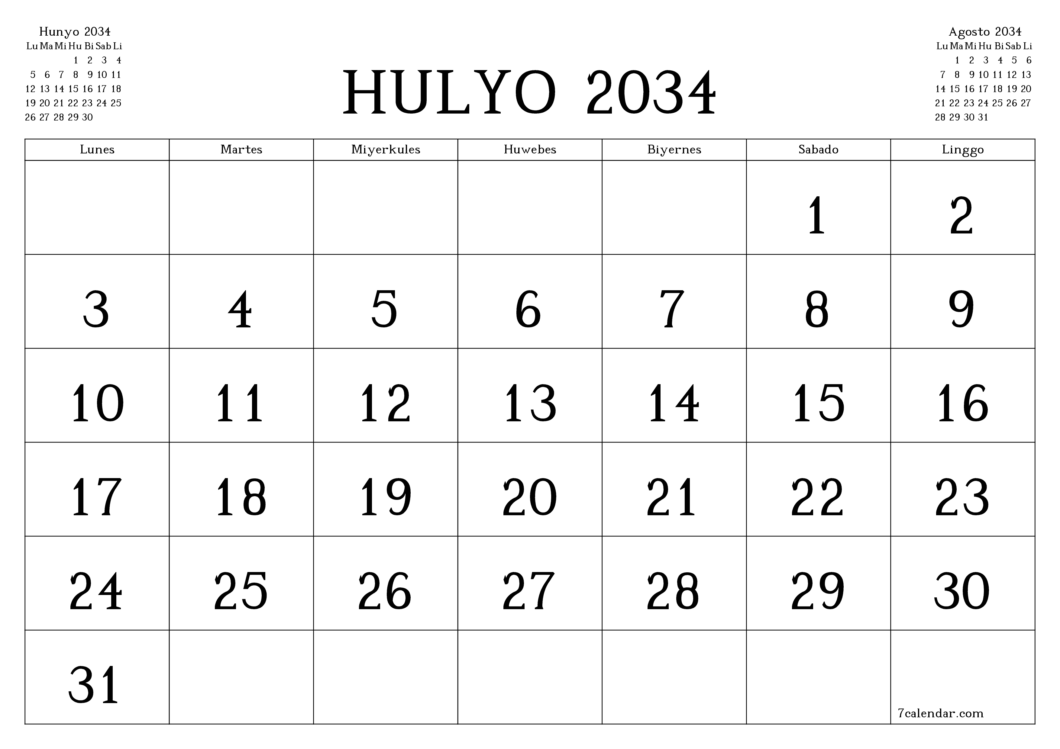 Walang laman na buwanang tagaplano para sa buwan na Hulyo 2034 na may mga tala, i-save at i-print sa PDF PNG Filipino