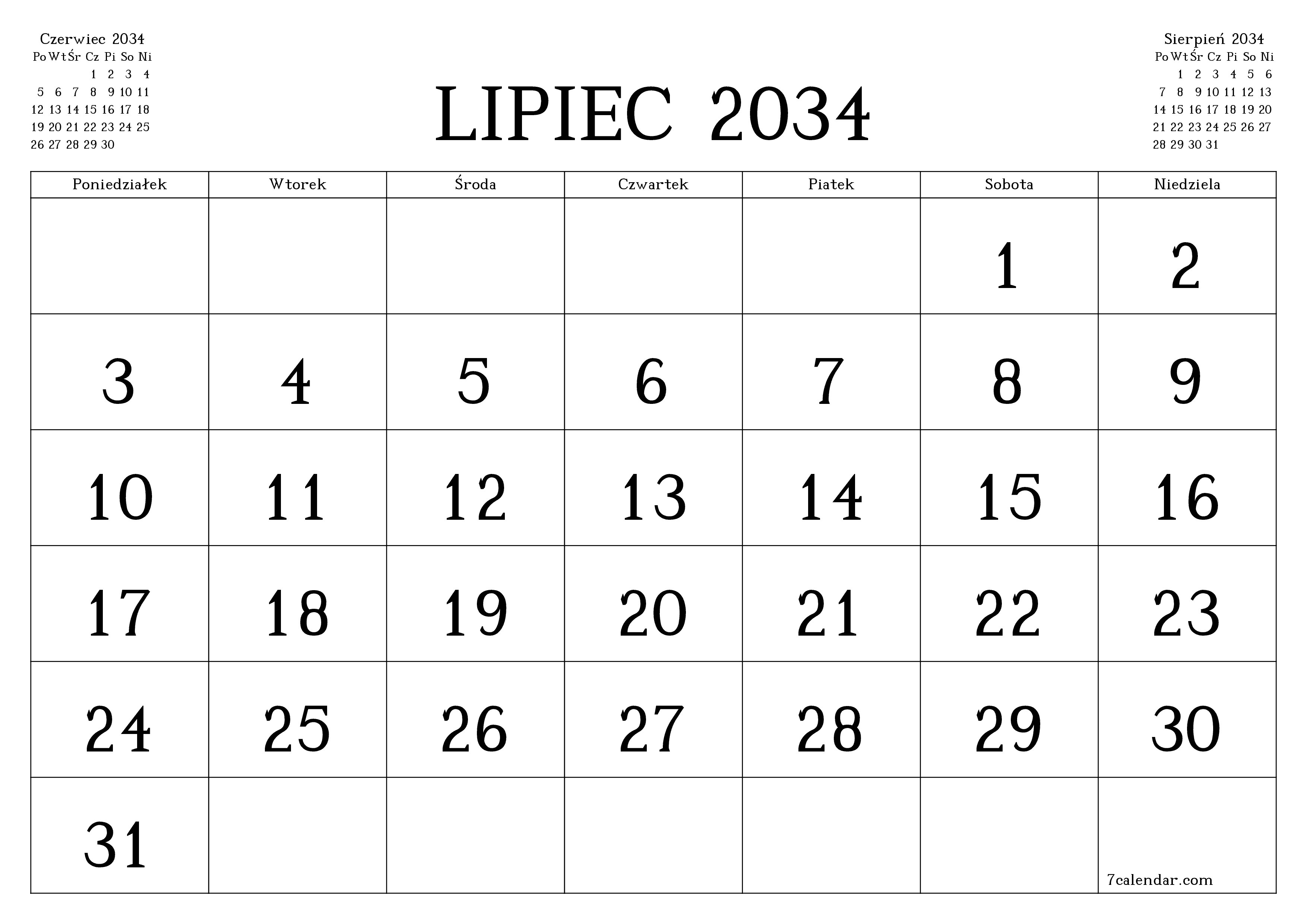 Opróżnij miesięczny planer na miesiąc Lipiec 2034 z notatkami, zapisz i wydrukuj w formacie PDF PNG Polish