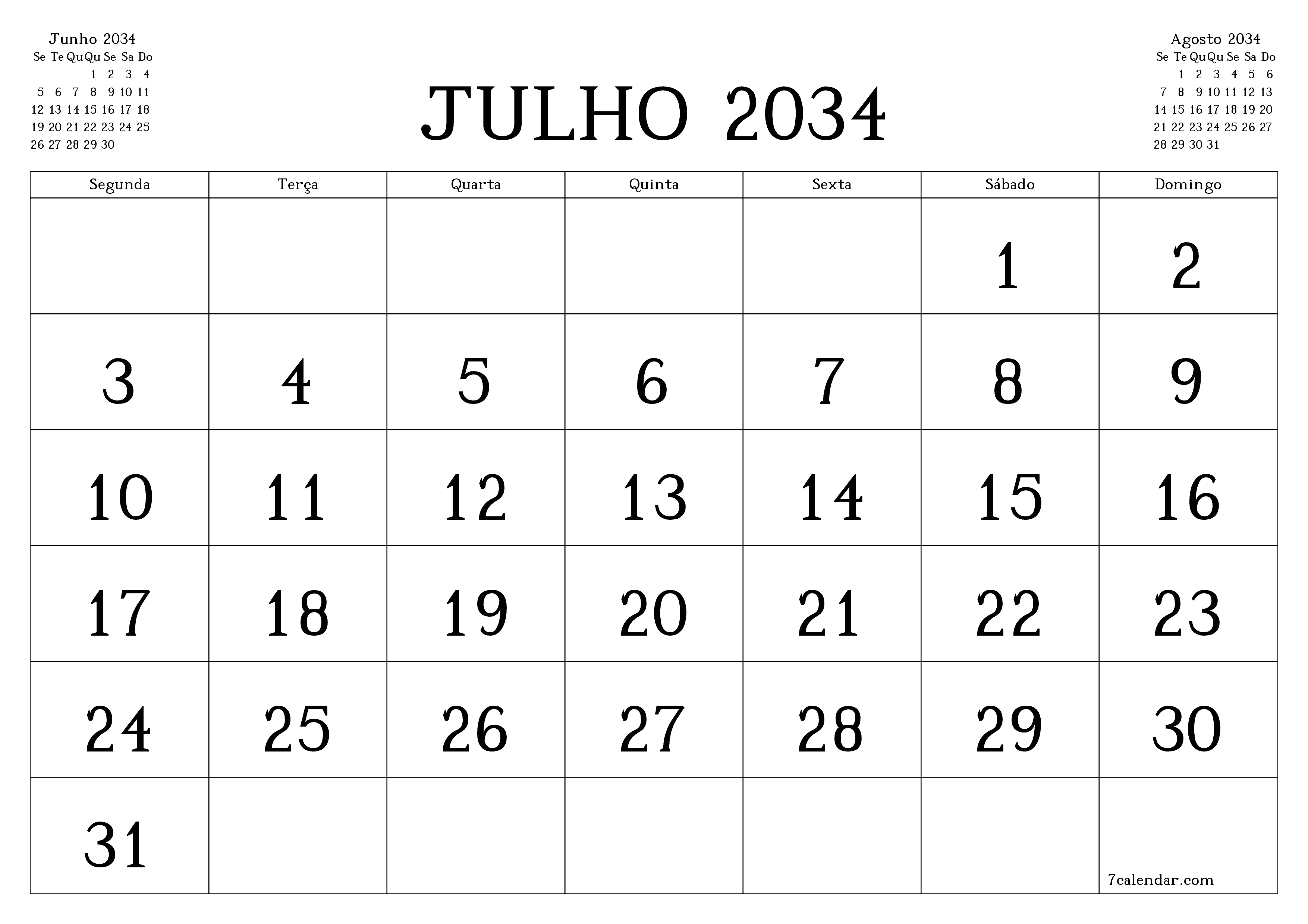 Esvazie o planejador mensal para o mês Julho 2034 com notas, salve e imprima em PDF PNG Portuguese