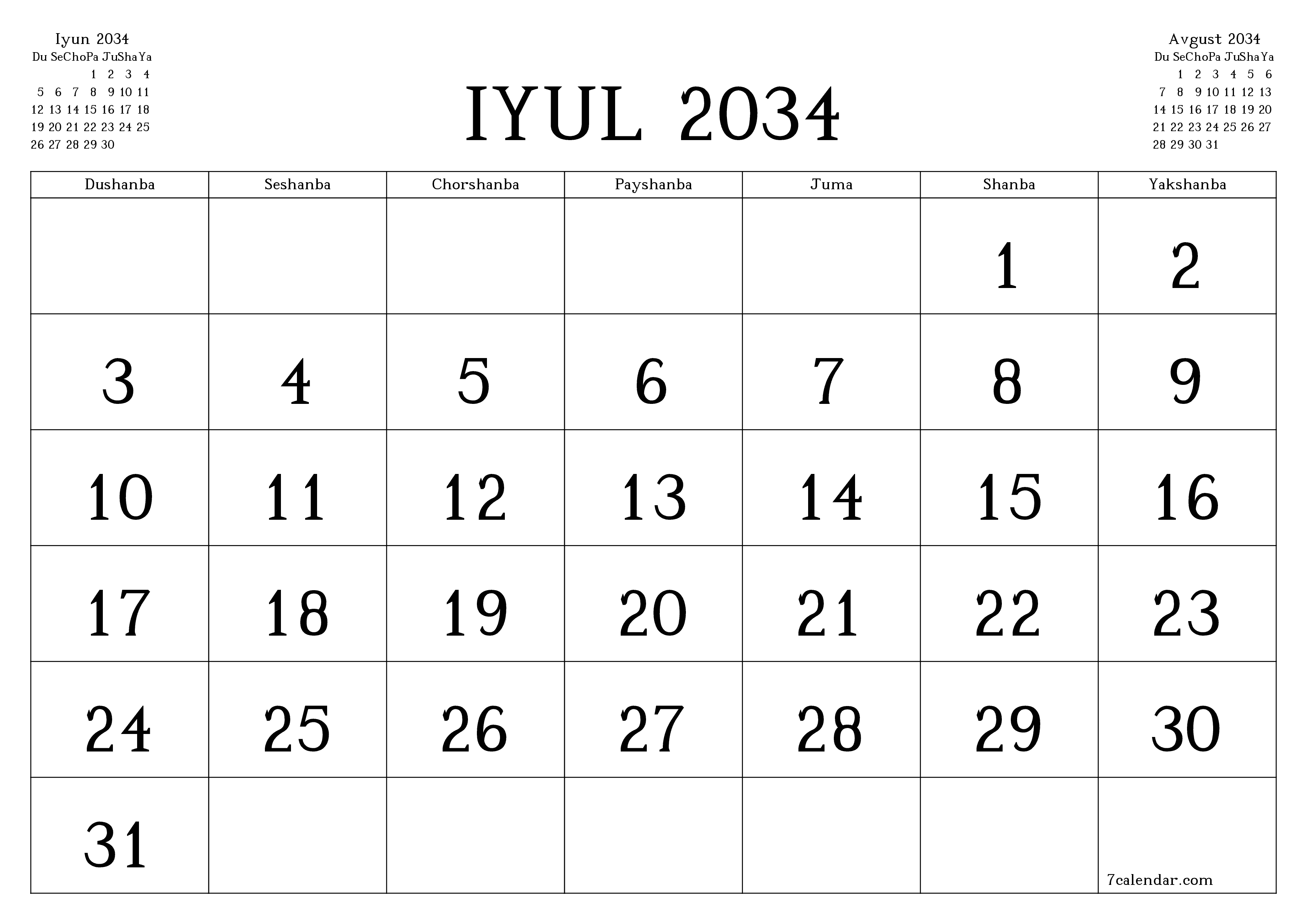 Iyul 2034 oylik oylik rejalashtiruvchini yozuvlar bilan bo'shatish, saqlash va PDF-ga chop etish PNG Uzbek