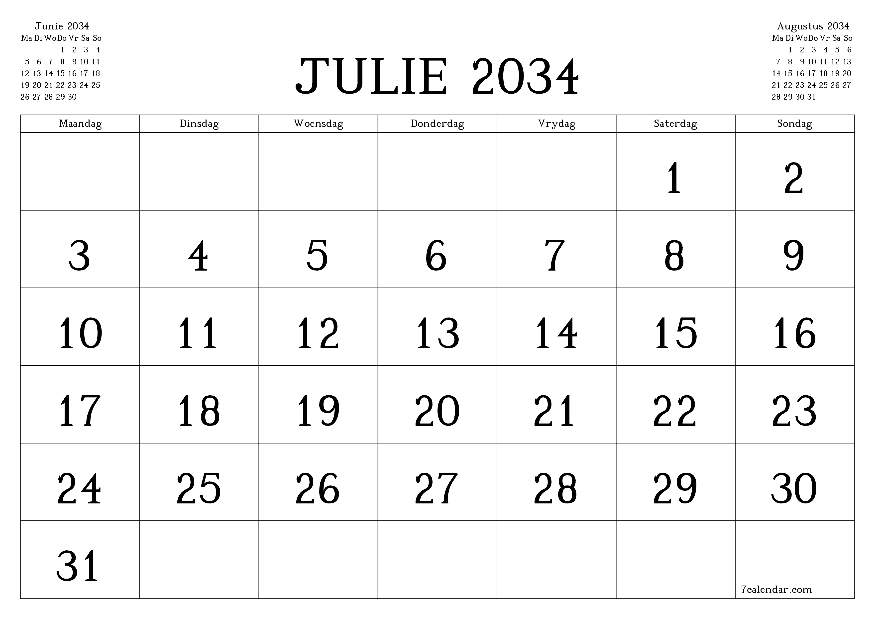 Leë maandelikse drukbare kalender en beplanner vir maand Julie 2034 met notas stoor en druk na PDF PNG Afrikaans