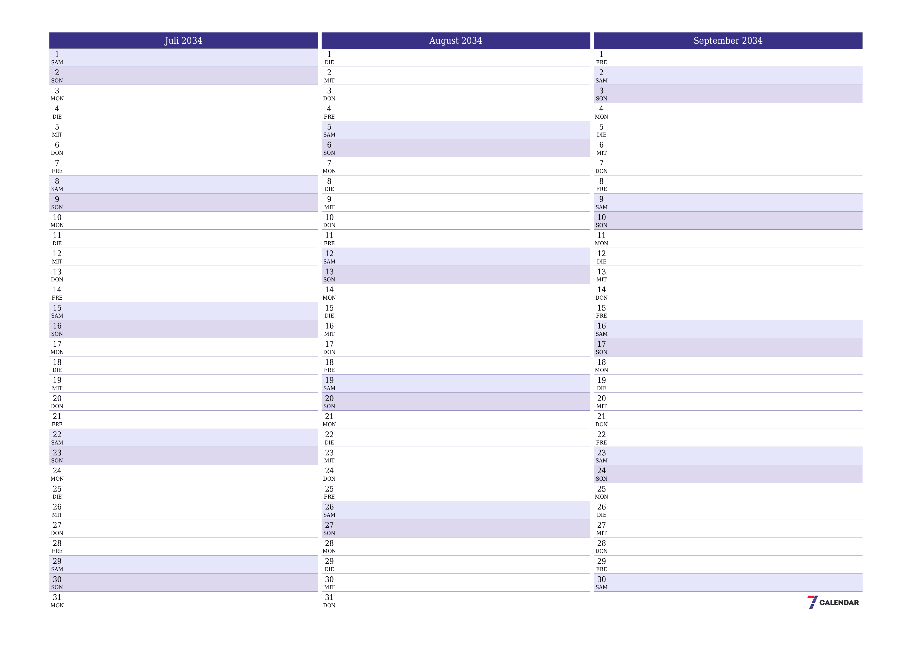 Monatsplaner für Monat Juli 2034 mit Notizen leeren, speichern und als PDF PNG German - 7calendar.com drucken