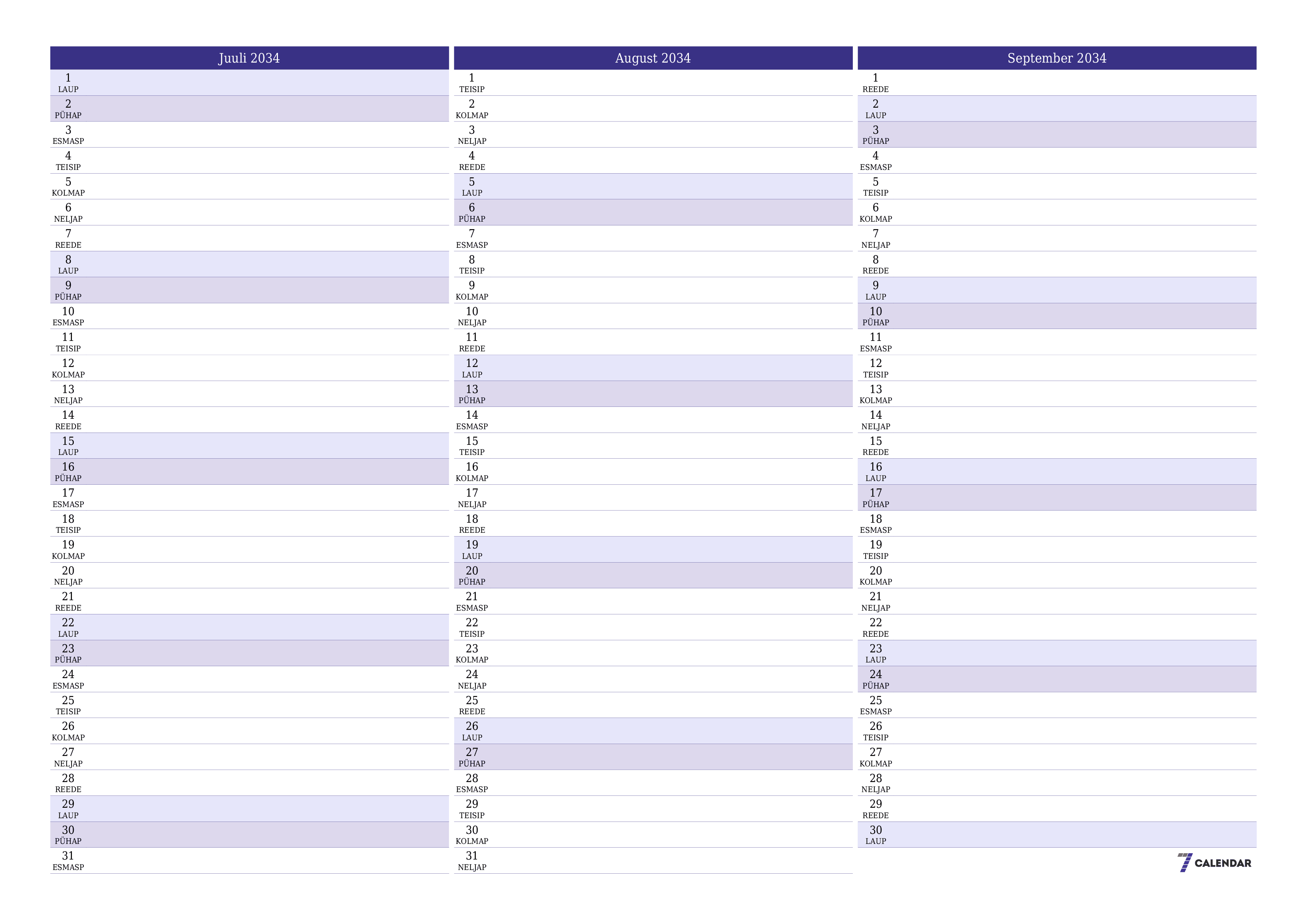 Tühjendage kuu Juuli 2034 kuuplaneerija märkmetega, salvestage ja printige PDF-i PNG Estonian