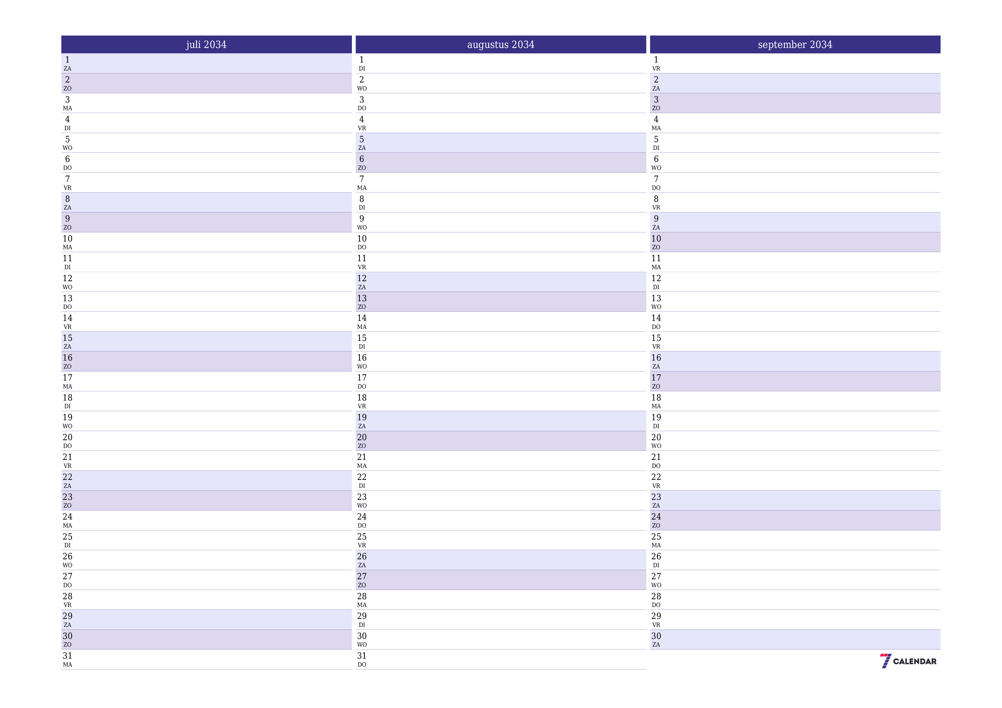 Lege maandplanner voor maand juli 2034 met notities, opslaan en afdrukken naar pdf PNG Dutch
