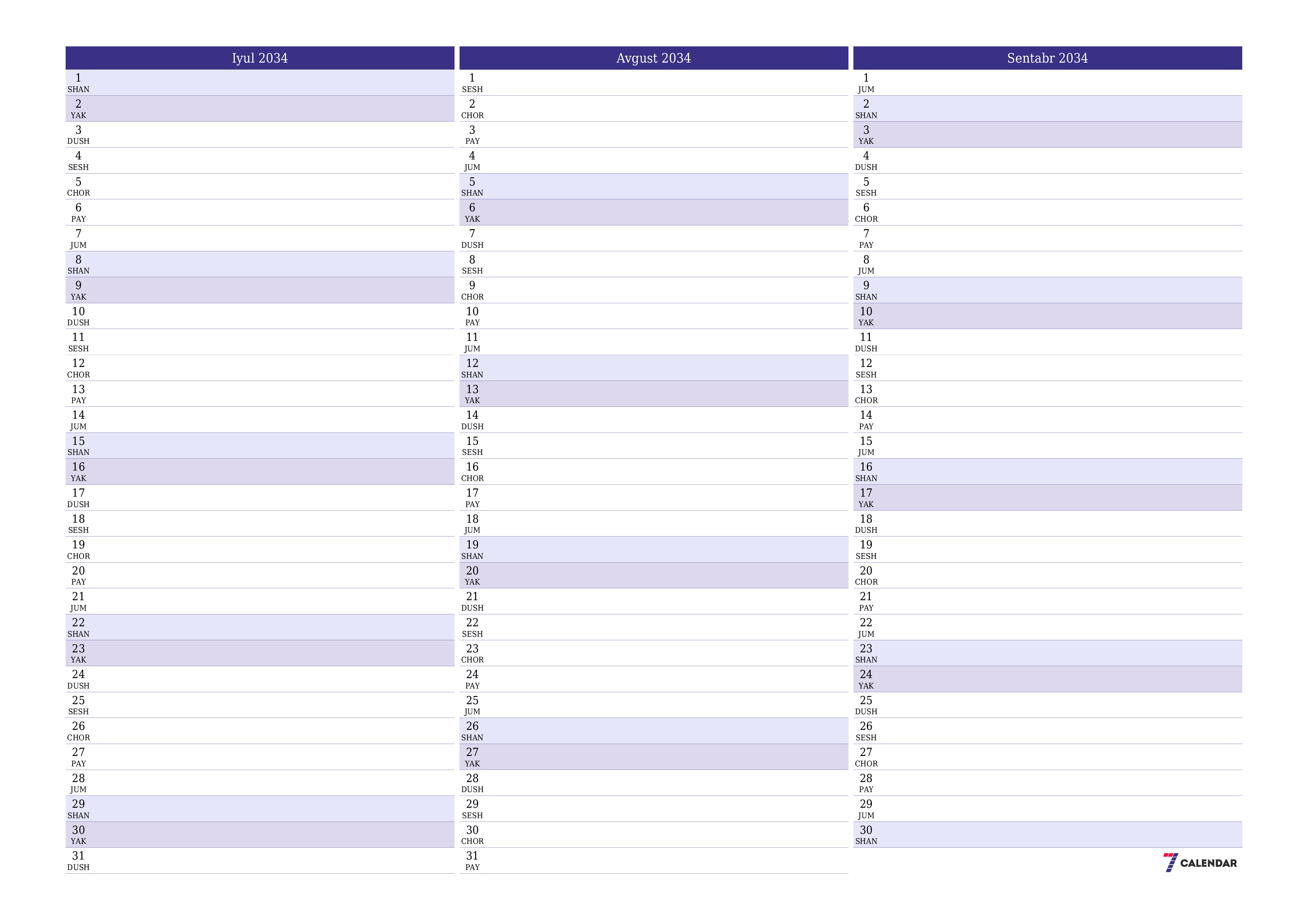 Iyul 2034 oylik oylik rejalashtiruvchini yozuvlar bilan bo'shatish, saqlash va PDF-ga chop etish PNG Uzbek