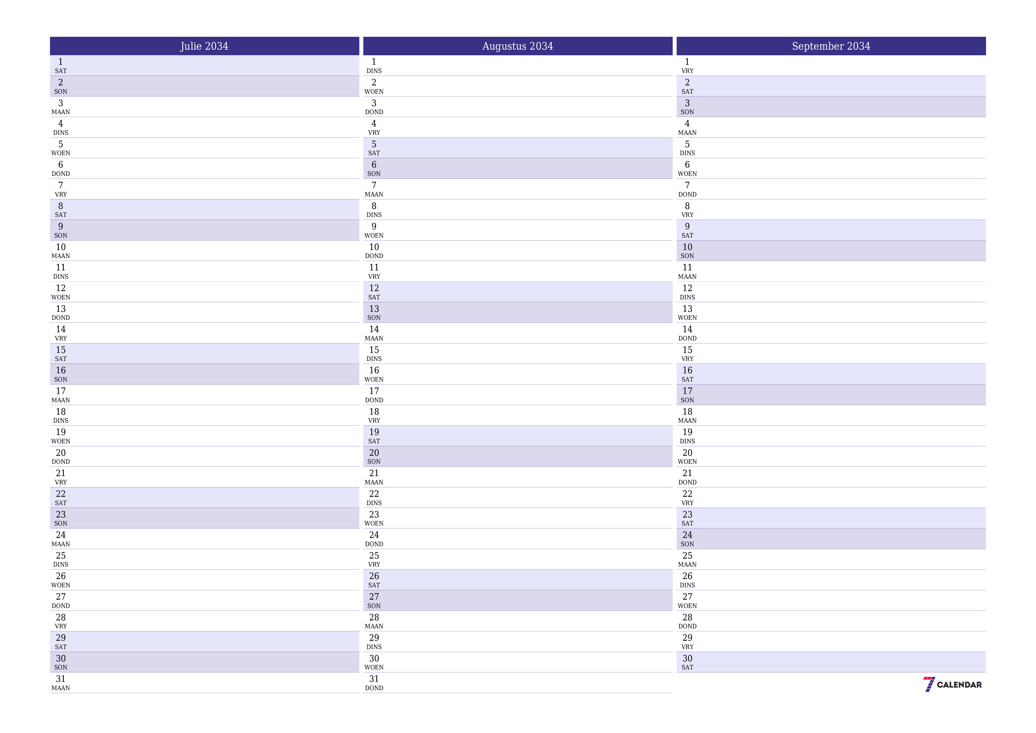 Leë maandelikse drukbare kalender en beplanner vir maand Julie 2034 met notas stoor en druk na PDF PNG Afrikaans