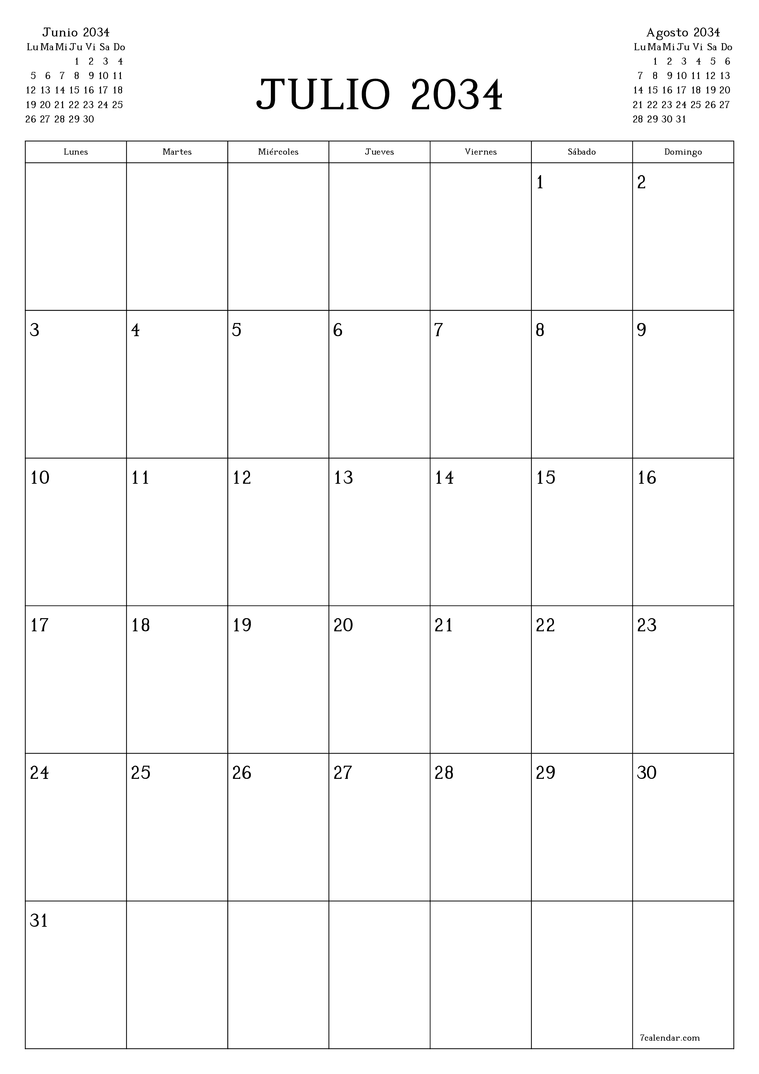 imprimible de pared plantilla de gratisvertical Mensual planificador calendario Julio (Jul) 2034