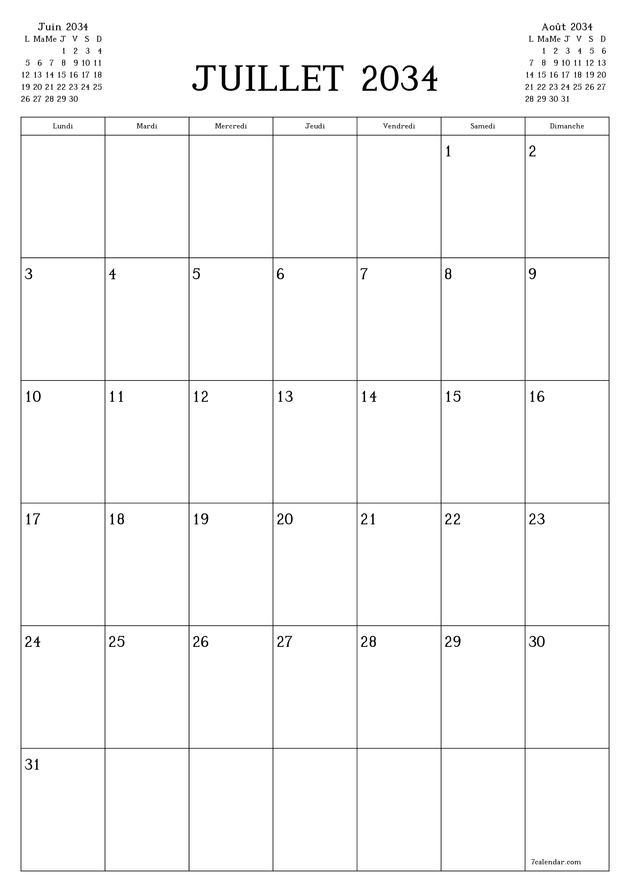  imprimable mural modèle de gratuitverticale Mensuel planificateur calendrier Juillet (Jul) 2034