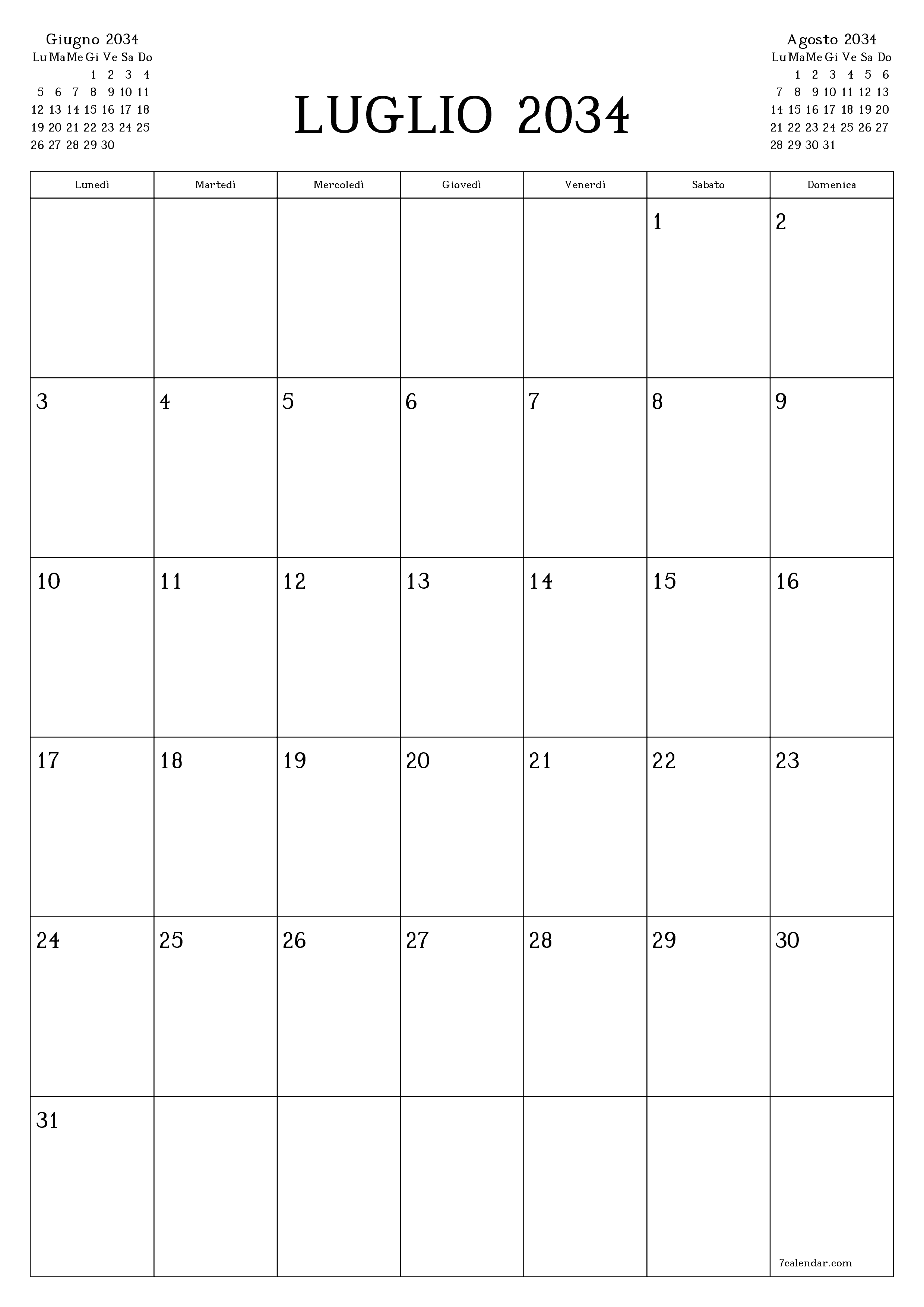  stampabile da parete modello di gratuitoverticale Mensile pianificatore calendario Luglio (Lug) 2034