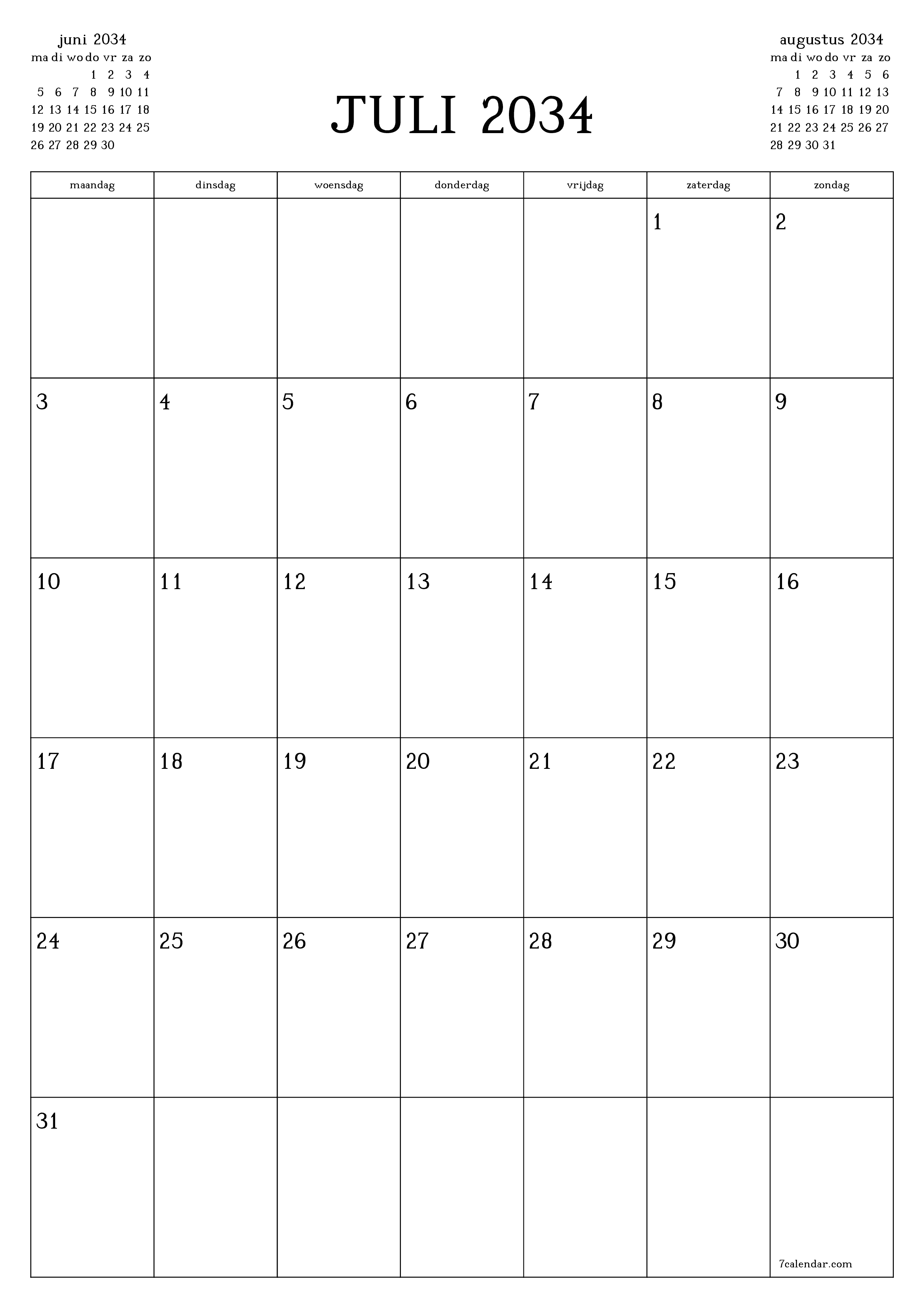afdrukbare muur sjabloon gratis verticaal Maandelijks planner kalender juli (jul) 2034