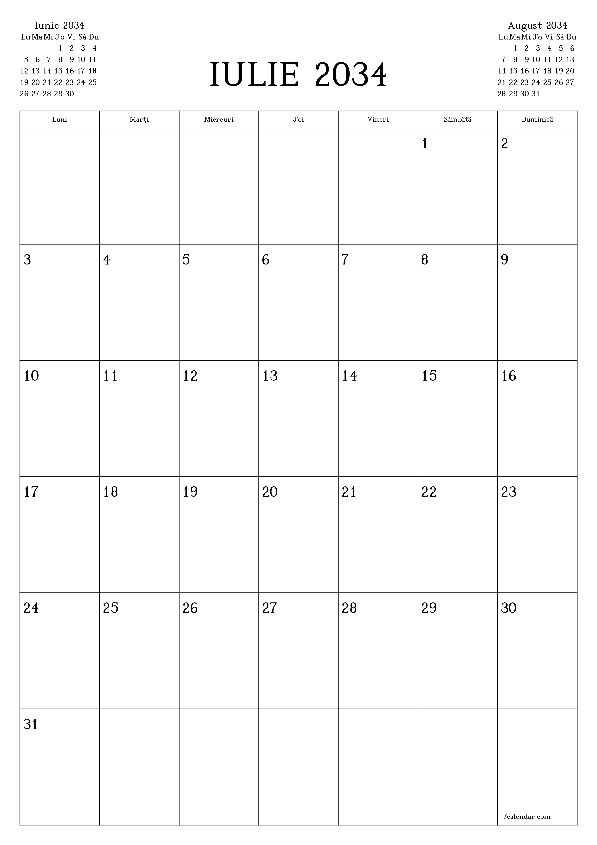  imprimabil de perete șablon de gratuitvertical Lunar planificator calendar Iulie (Iul) 2034