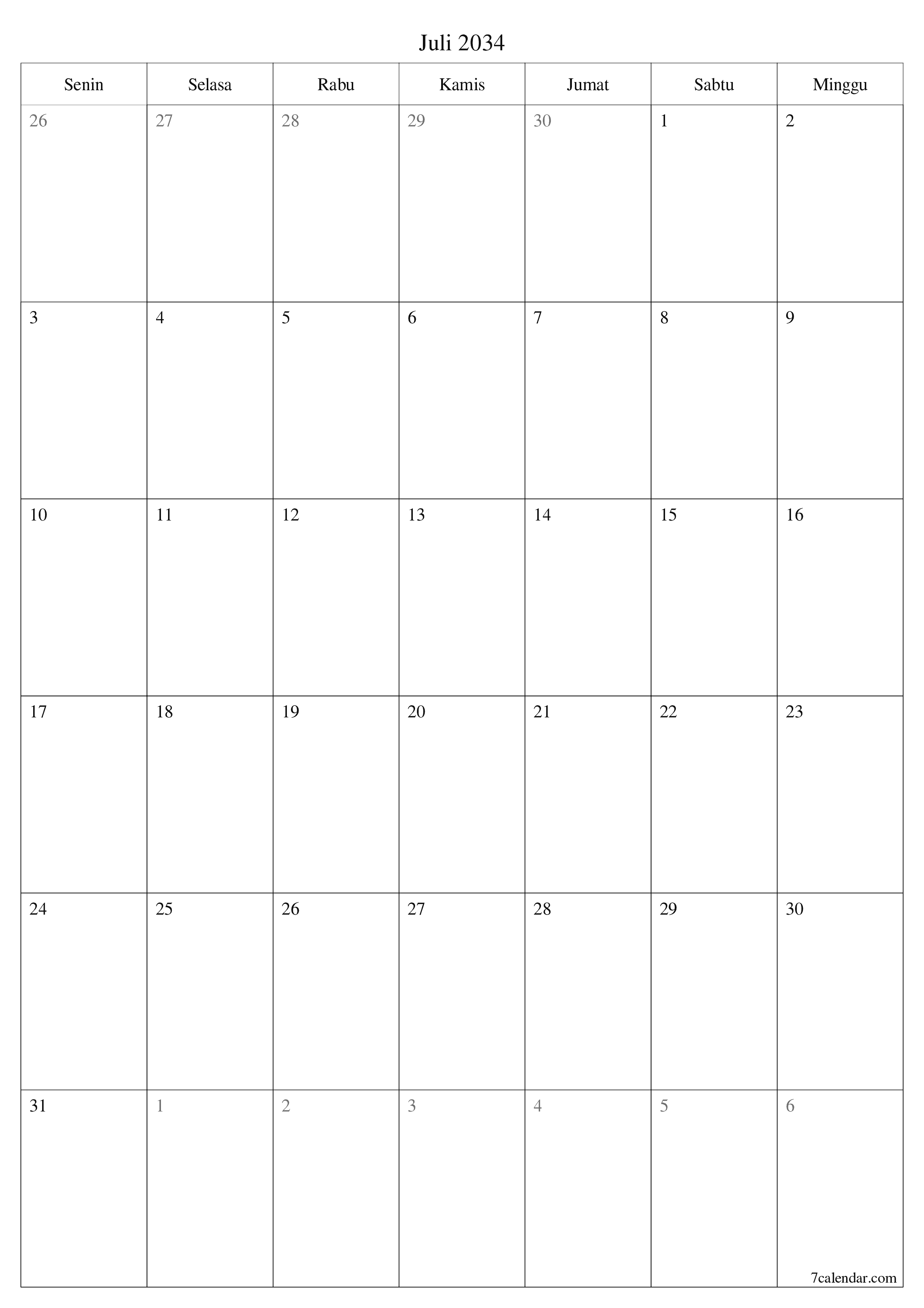 Kosongkan agenda bulanan untuk bulan Juli 2034 dengan catatan, simpan dan cetak ke PDF PNG Indonesian