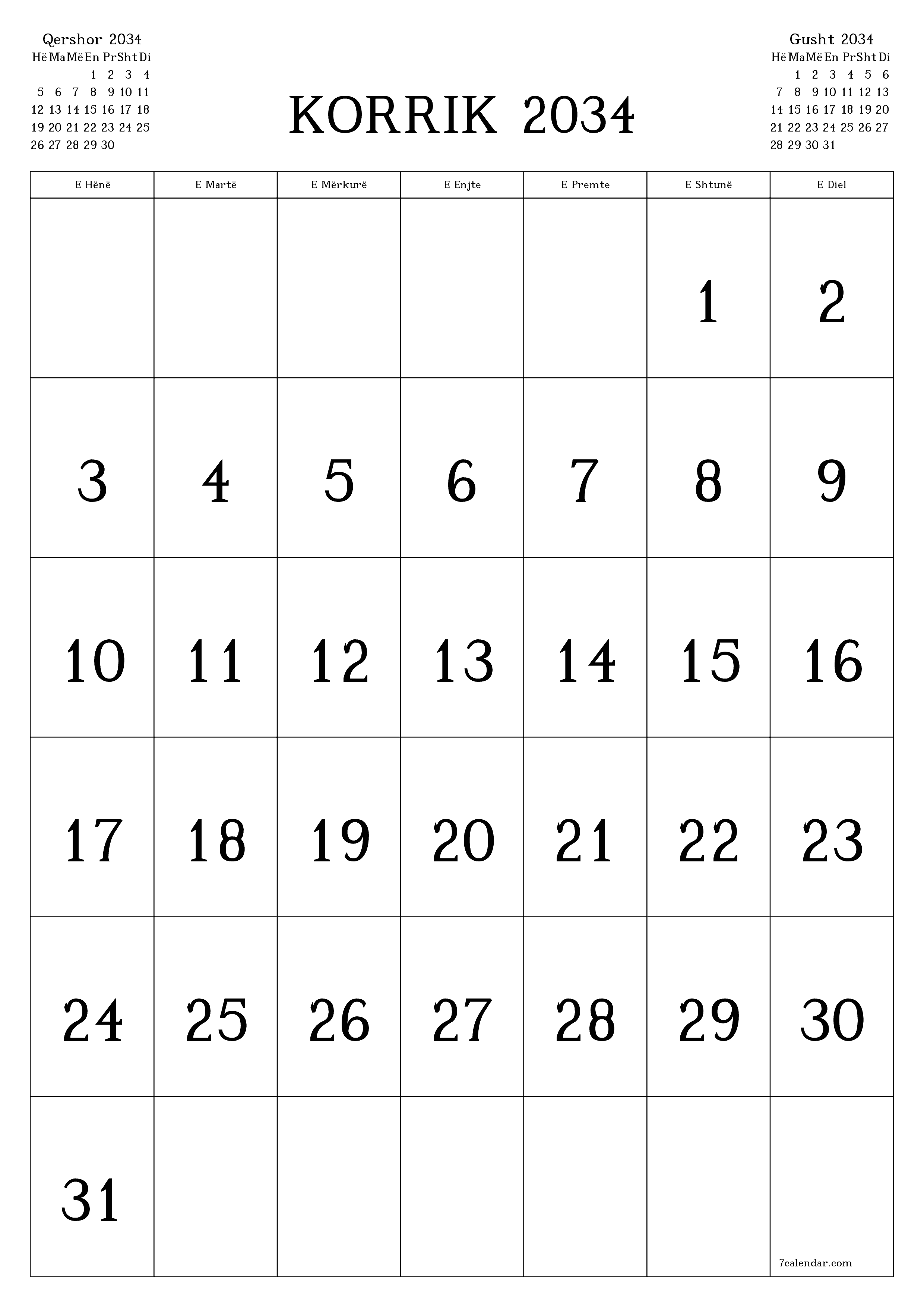  i printueshëm muri shabllon falasvertikale mujore kalendar Korrik (Korr) 2034