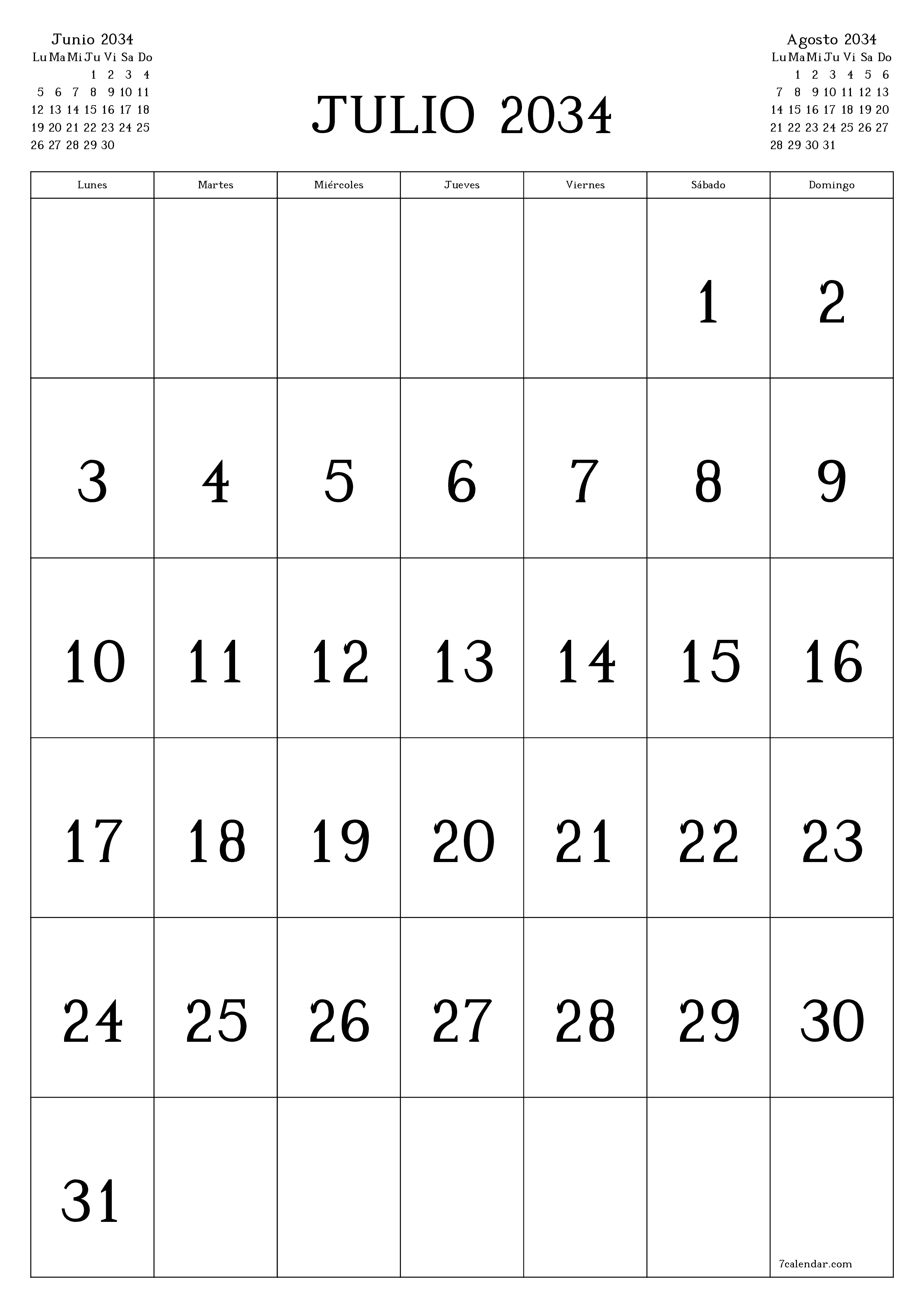  imprimible de pared plantilla de gratisvertical Mensual calendario Julio (Jul) 2034