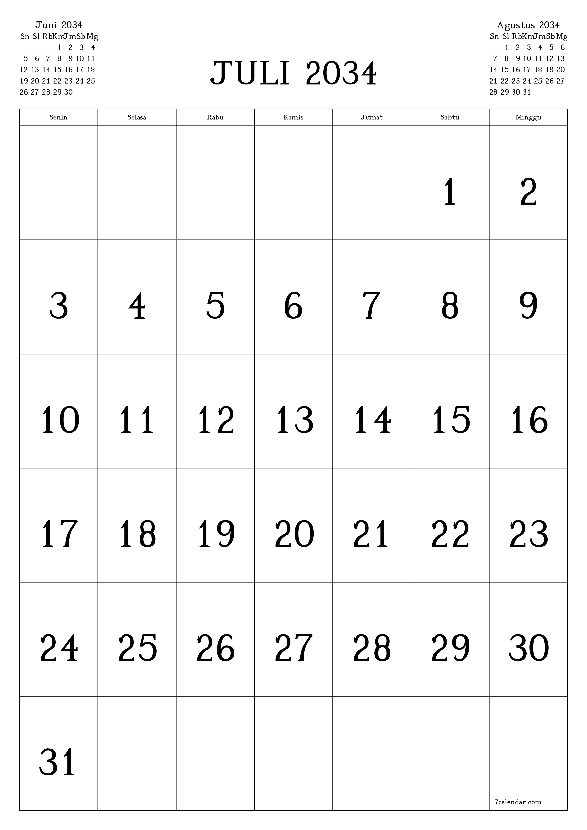  yang dapat dicetak dinding templat gratisvertikal Bulanan kalender Juli (Jul) 2034