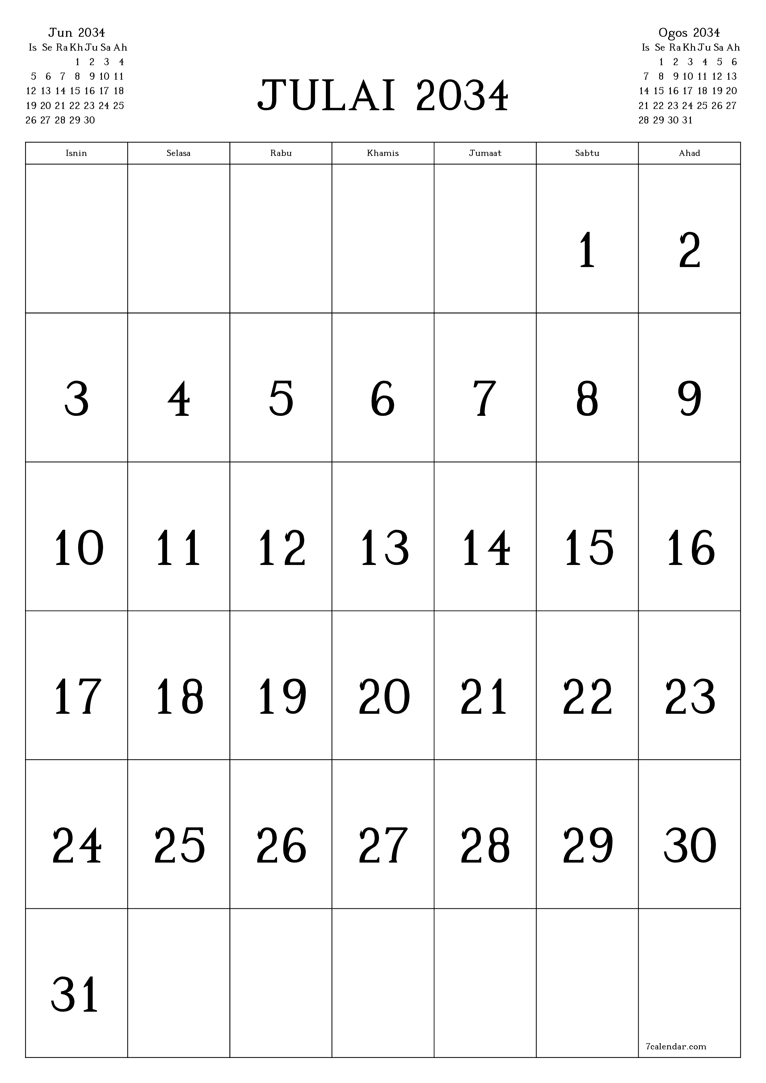  boleh cetak dinding templat percumamenegak Bulanan kalendar Julai (Jul) 2034
