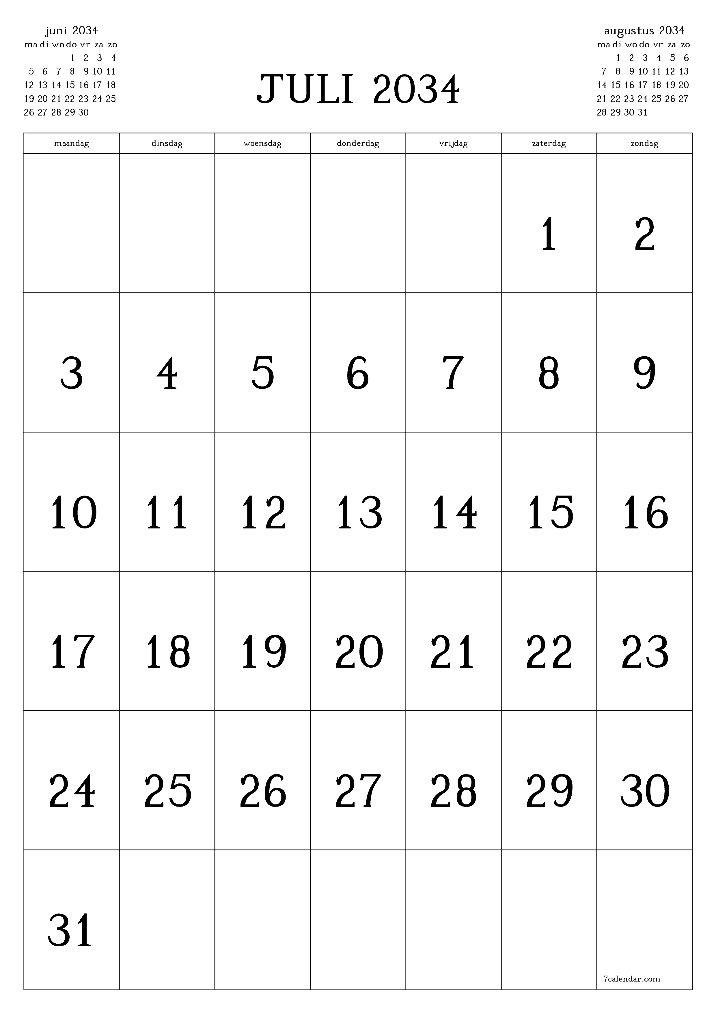 afdrukbare muur sjabloon gratis verticaal Maandelijks kalender juli (jul) 2034