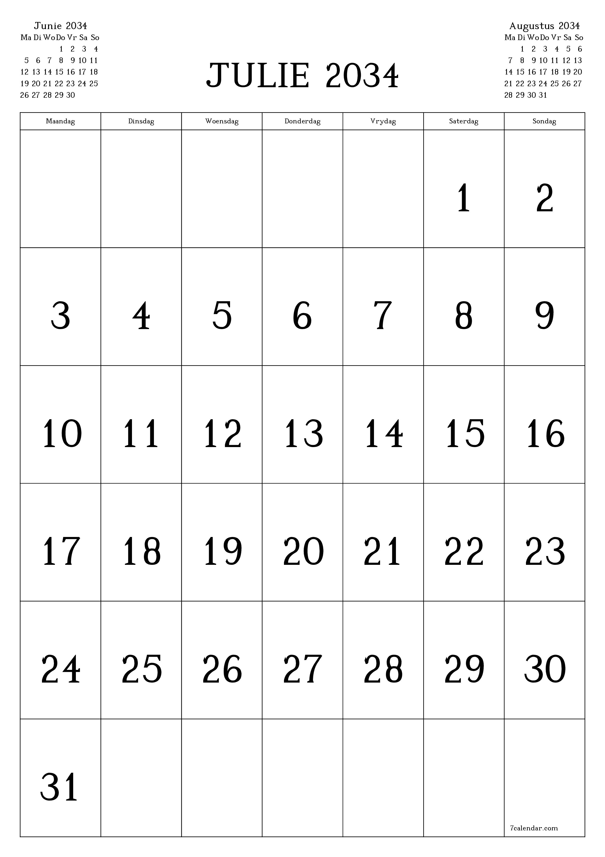 drukbare muur template gratis vertikaal Maandeliks kalender Julie (Jul) 2034