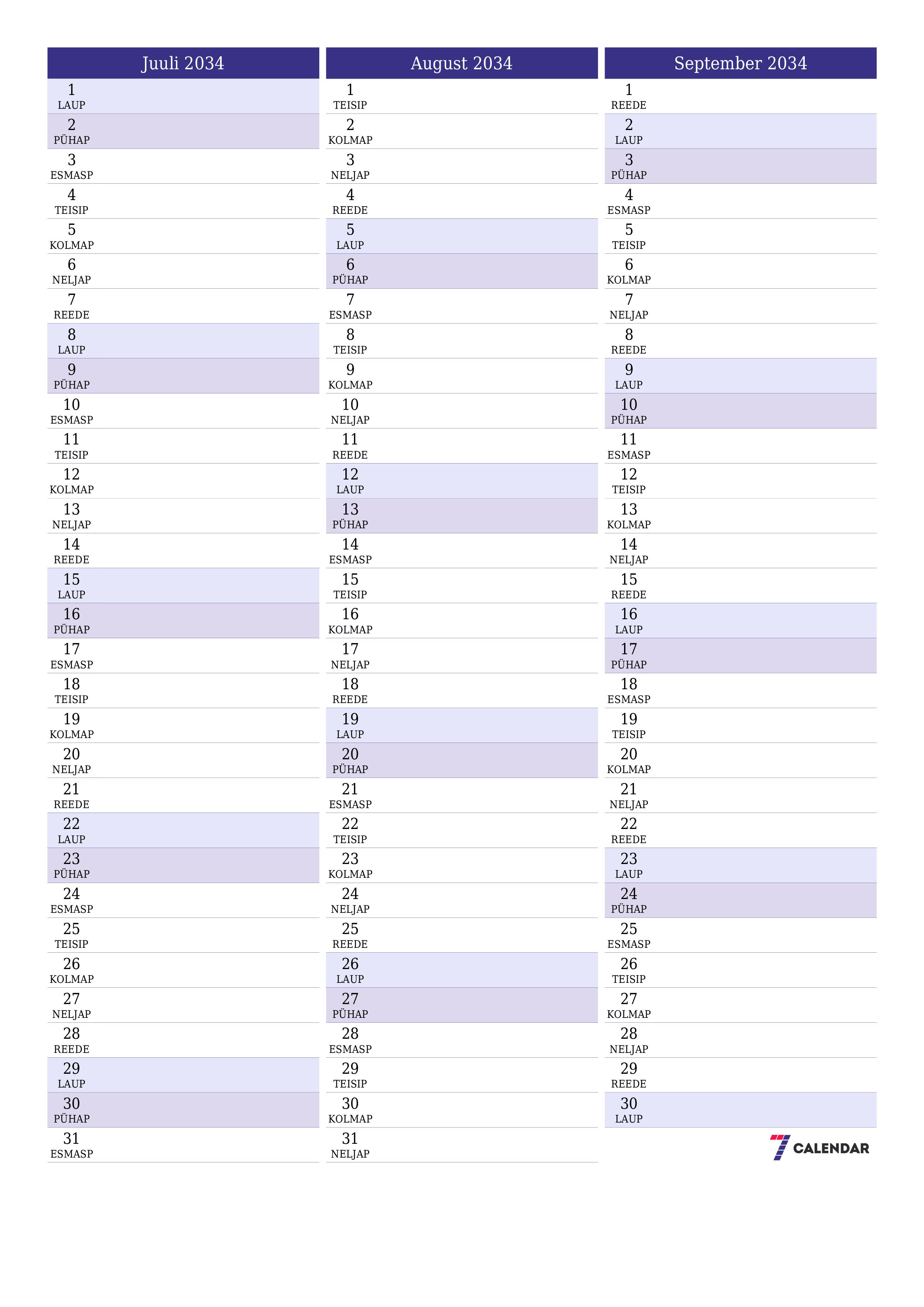 Tühjendage kuu Juuli 2034 kuuplaneerija märkmetega, salvestage ja printige PDF-i PNG Estonian