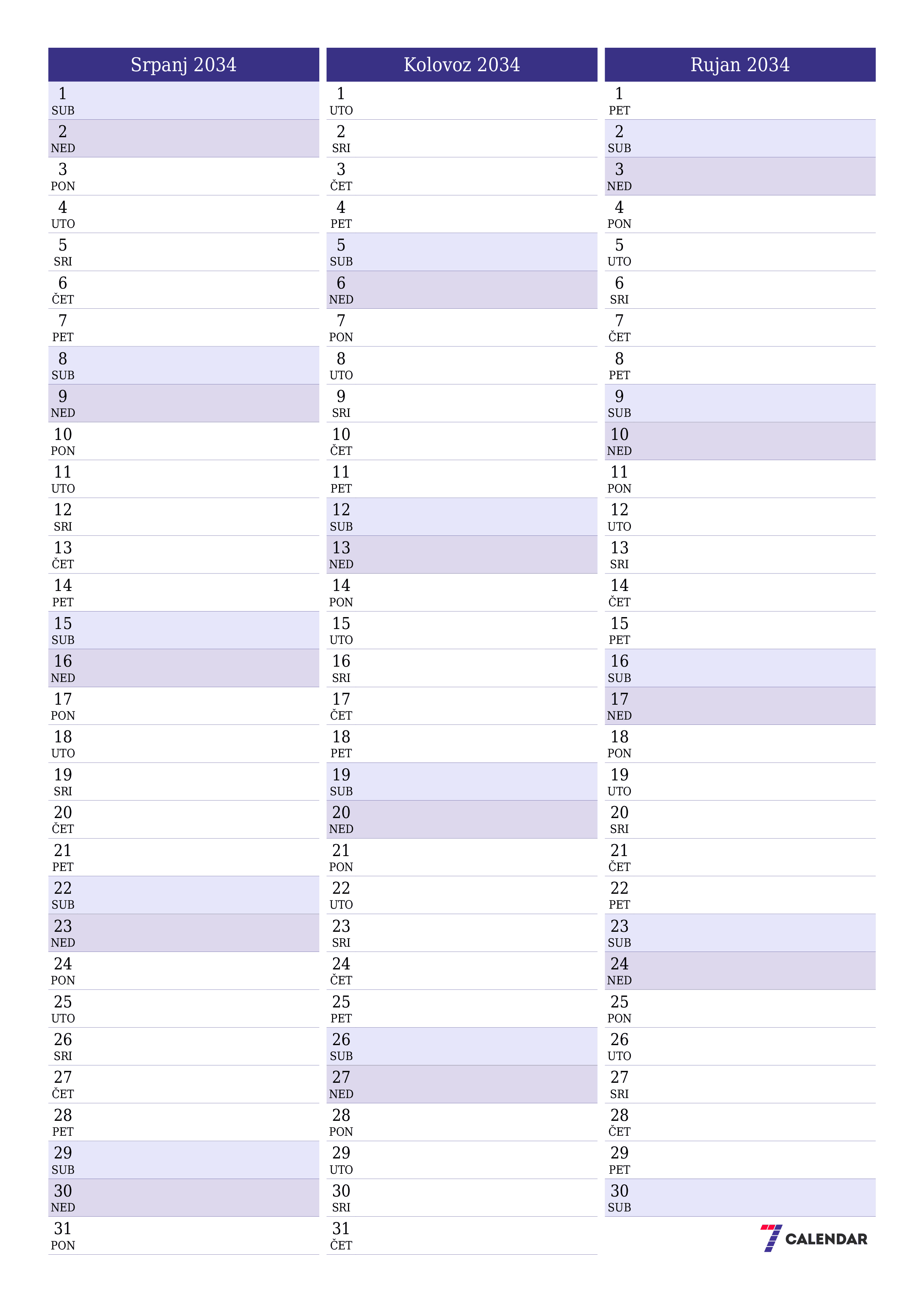  za ispis zidni predložak a besplatni okomito Mjesečni planer kalendar Srpanj (Srp) 2034