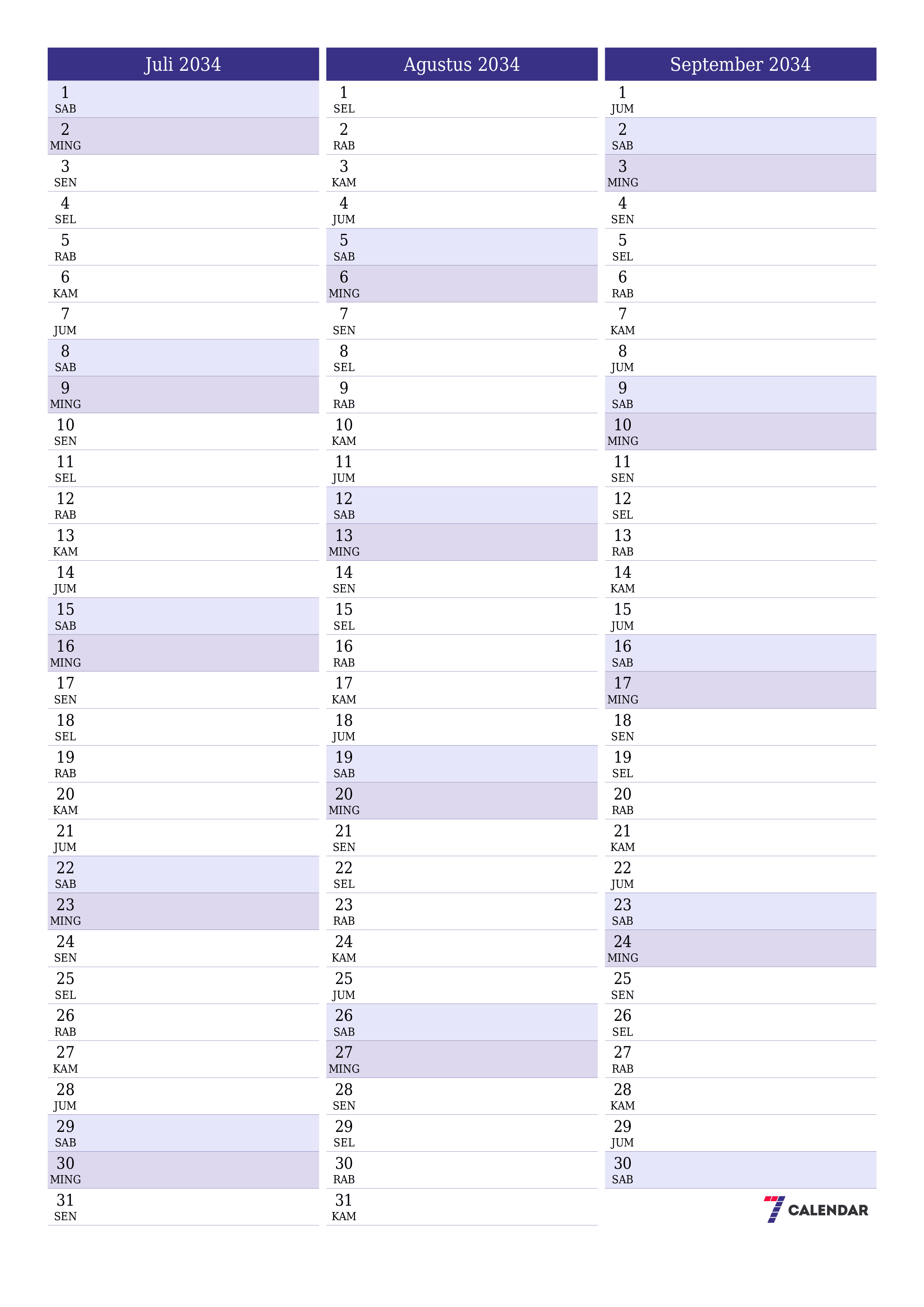  yang dapat dicetak dinding templat gratisvertikal Bulanan perencana kalender Juli (Jul) 2034
