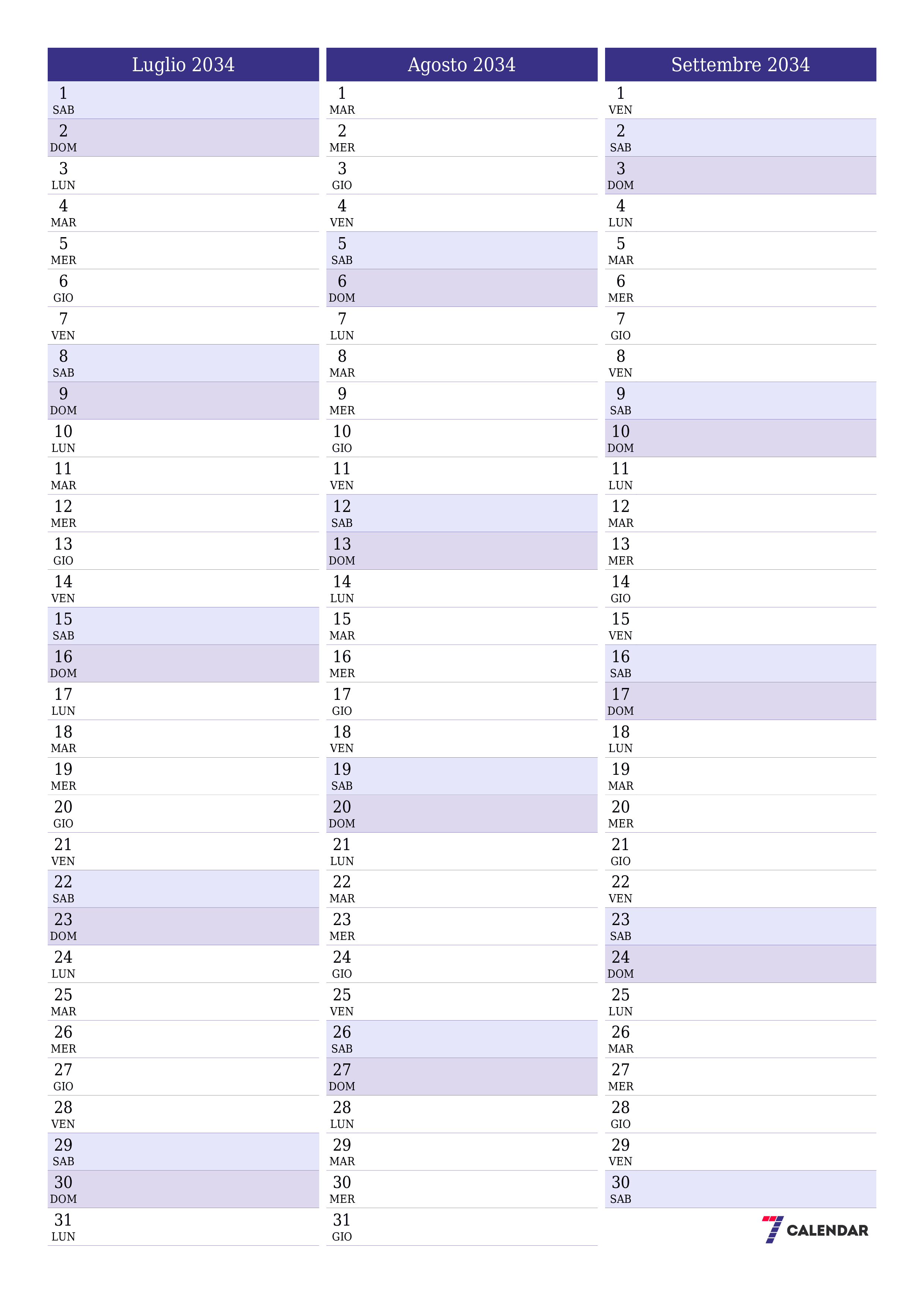  stampabile da parete modello di gratuitoverticale Mensile pianificatore calendario Luglio (Lug) 2034