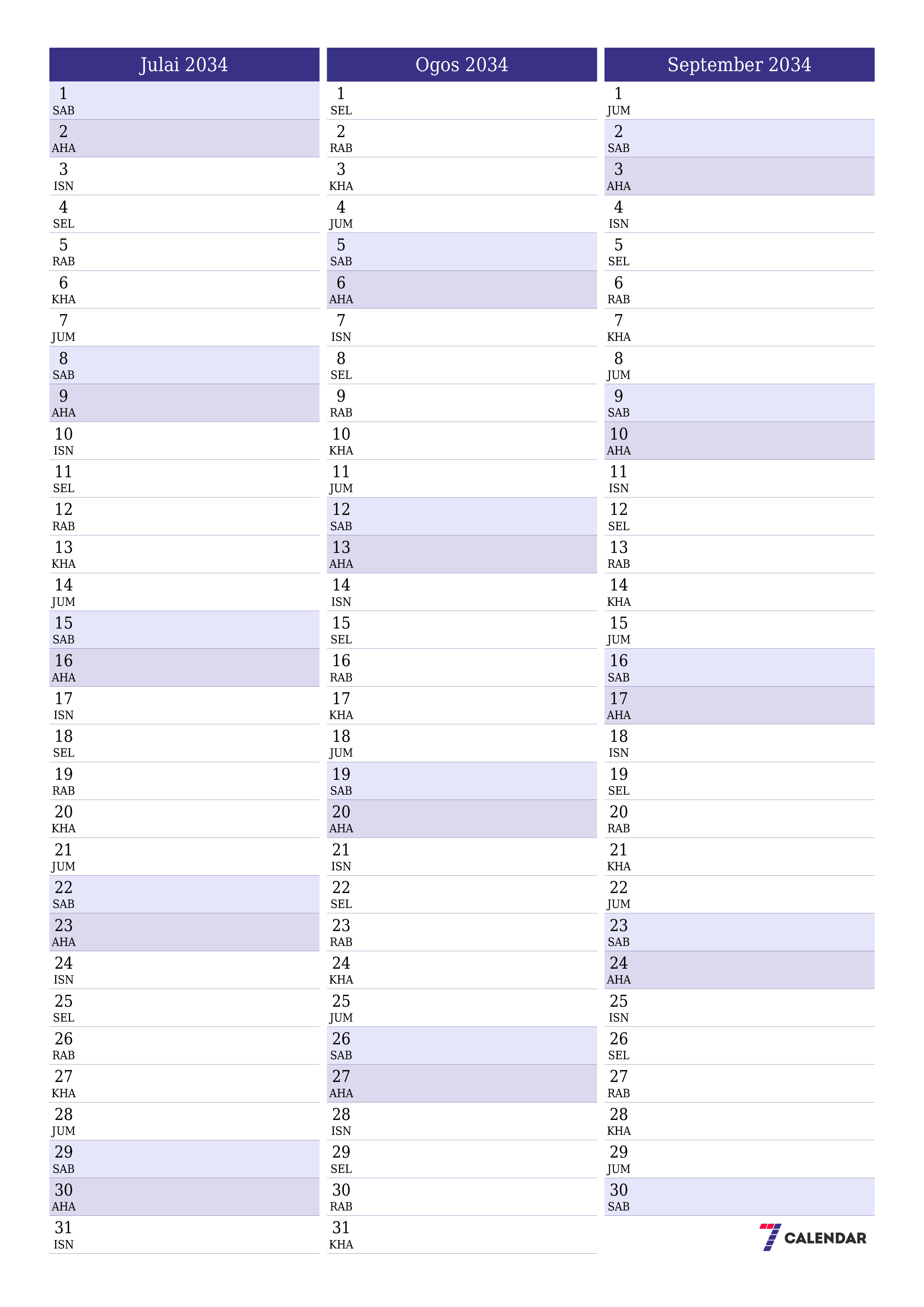  boleh cetak dinding templat percumamenegak Bulanan perancang kalendar Julai (Jul) 2034