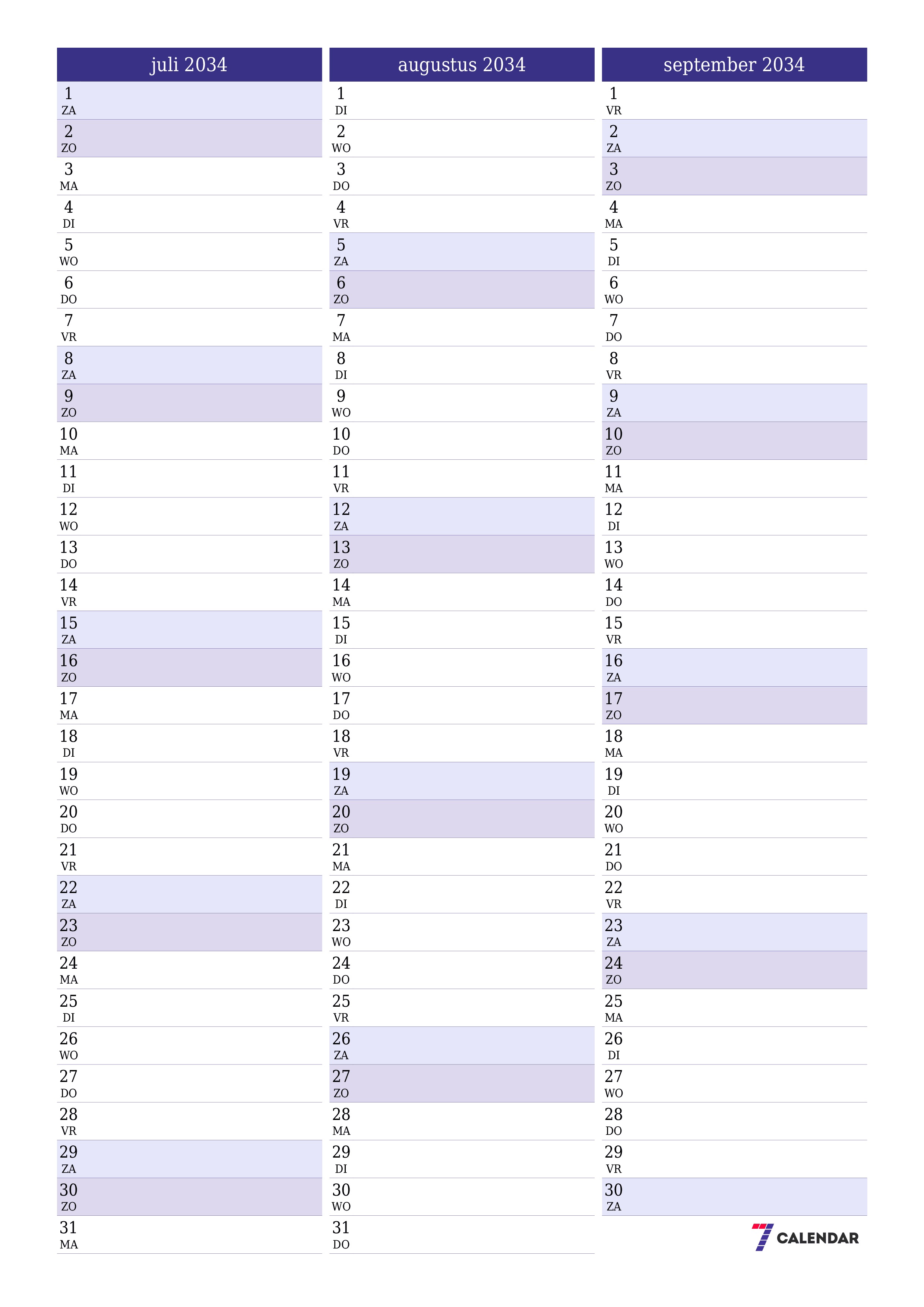 afdrukbare muur sjabloon gratis verticaal Maandelijks planner kalender juli (jul) 2034