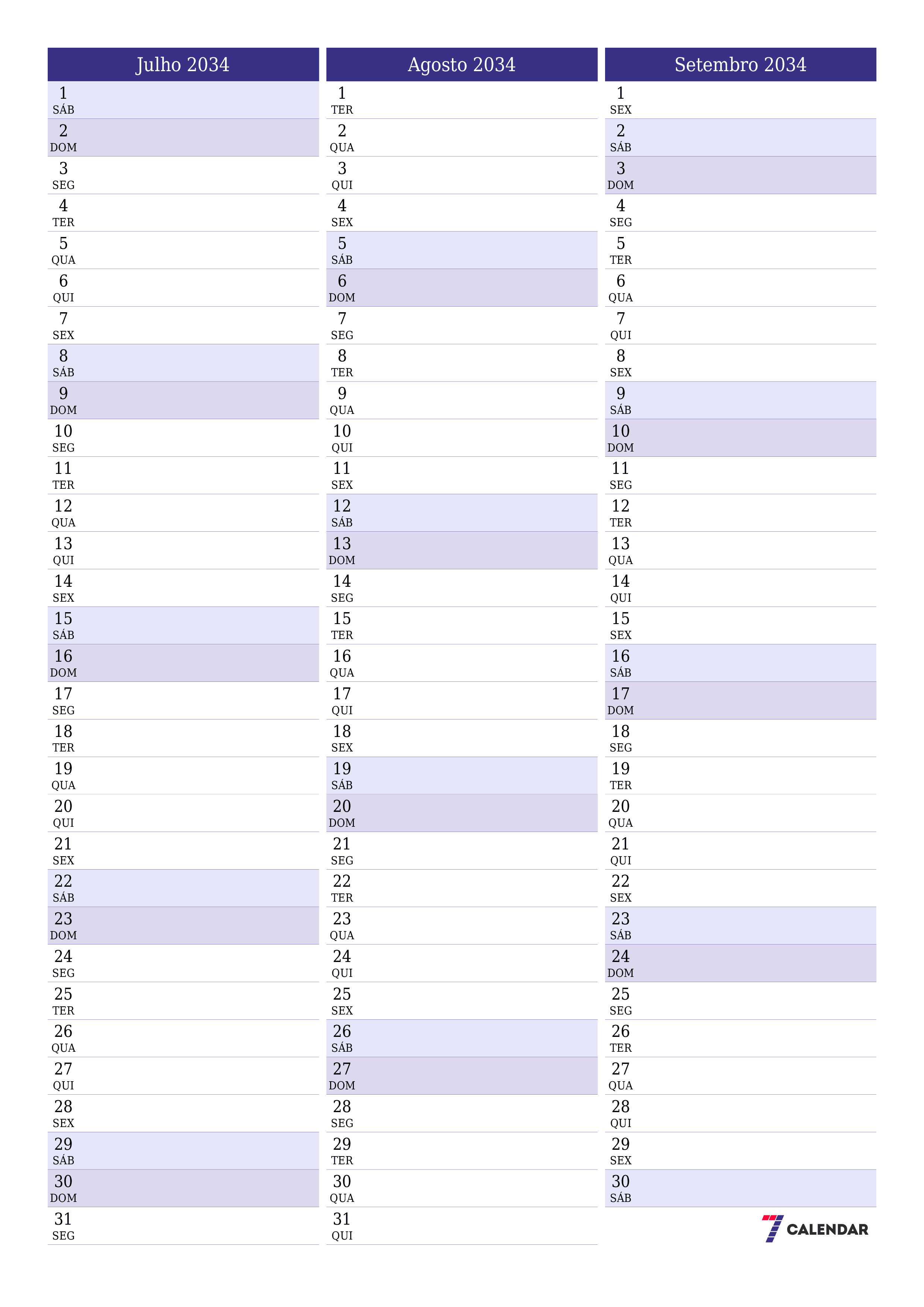  para impressão de parede modelo de grátisvertical Mensal planejador calendário Julho (Jul) 2034