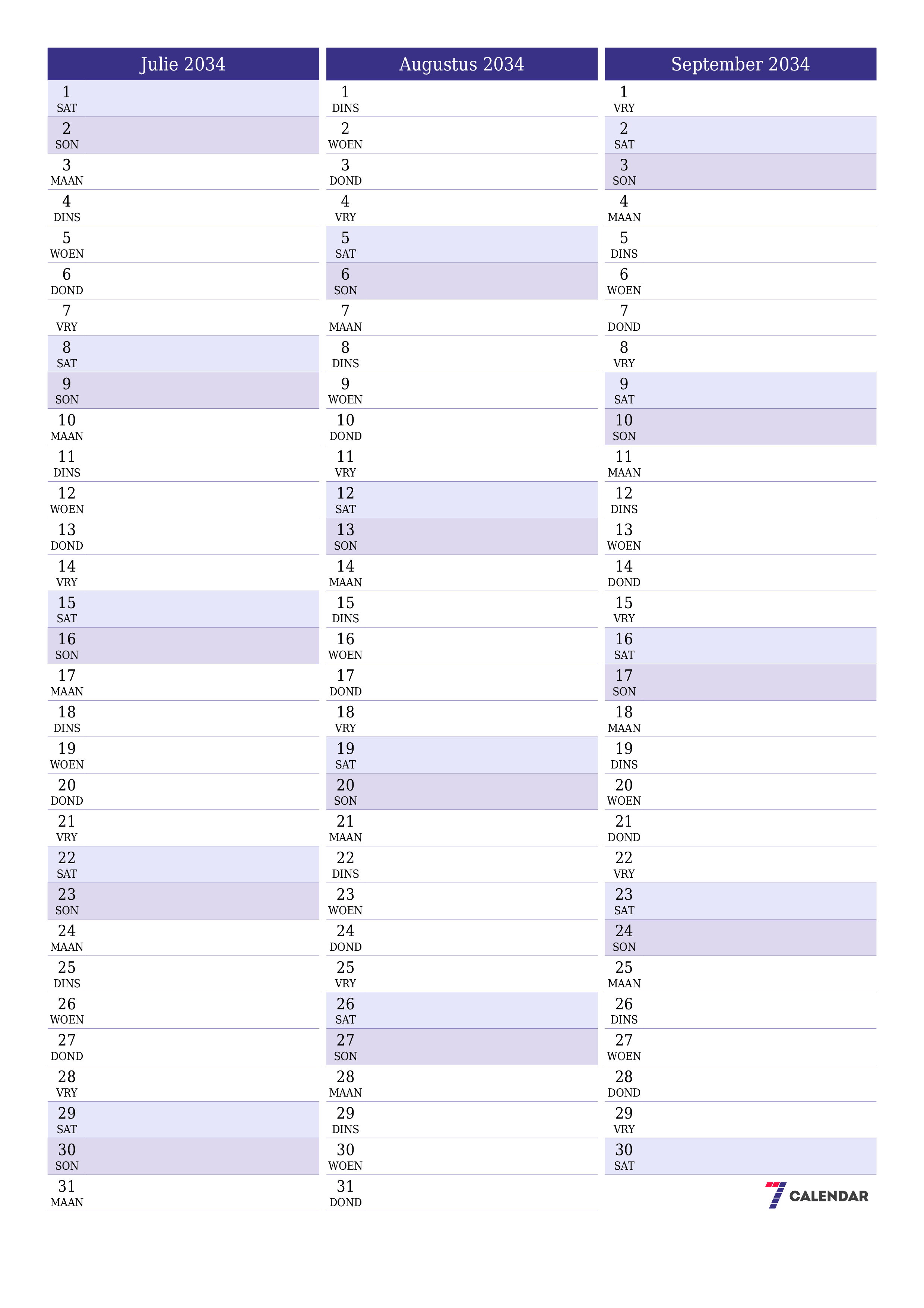 drukbare muur template gratis vertikaal Maandeliks beplanner kalender Julie (Jul) 2034