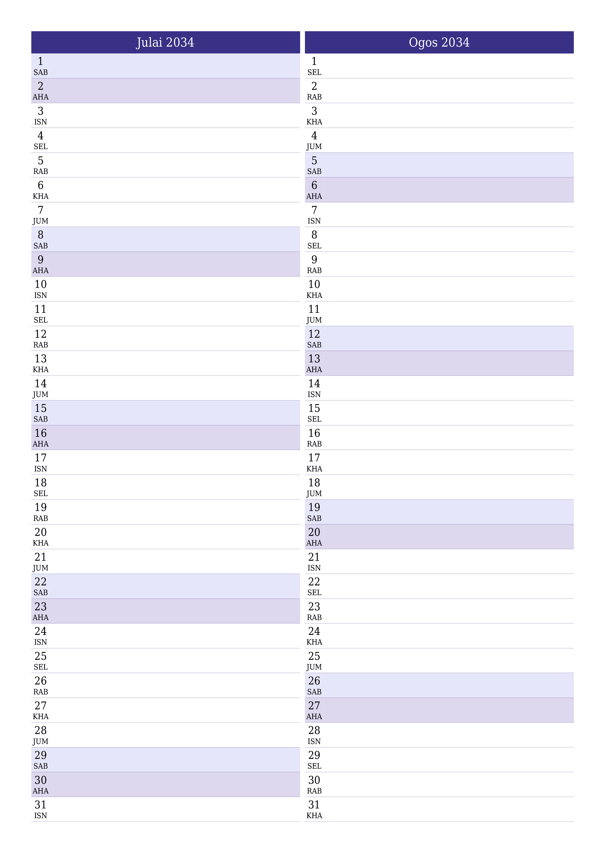  boleh cetak dinding templat percumamenegak Bulanan perancang kalendar Julai (Jul) 2034