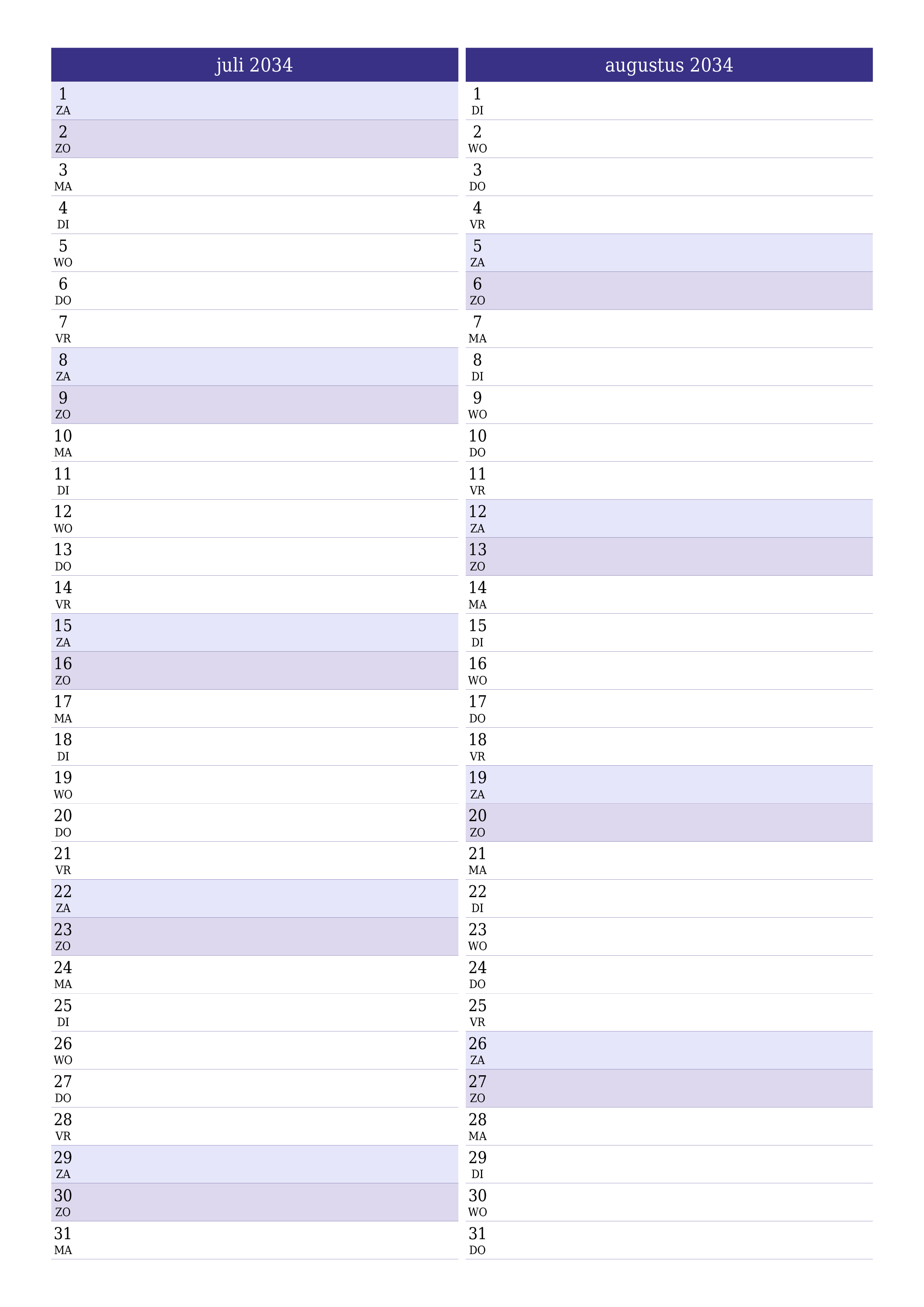 afdrukbare muur sjabloon gratis verticaal Maandelijks planner kalender juli (jul) 2034