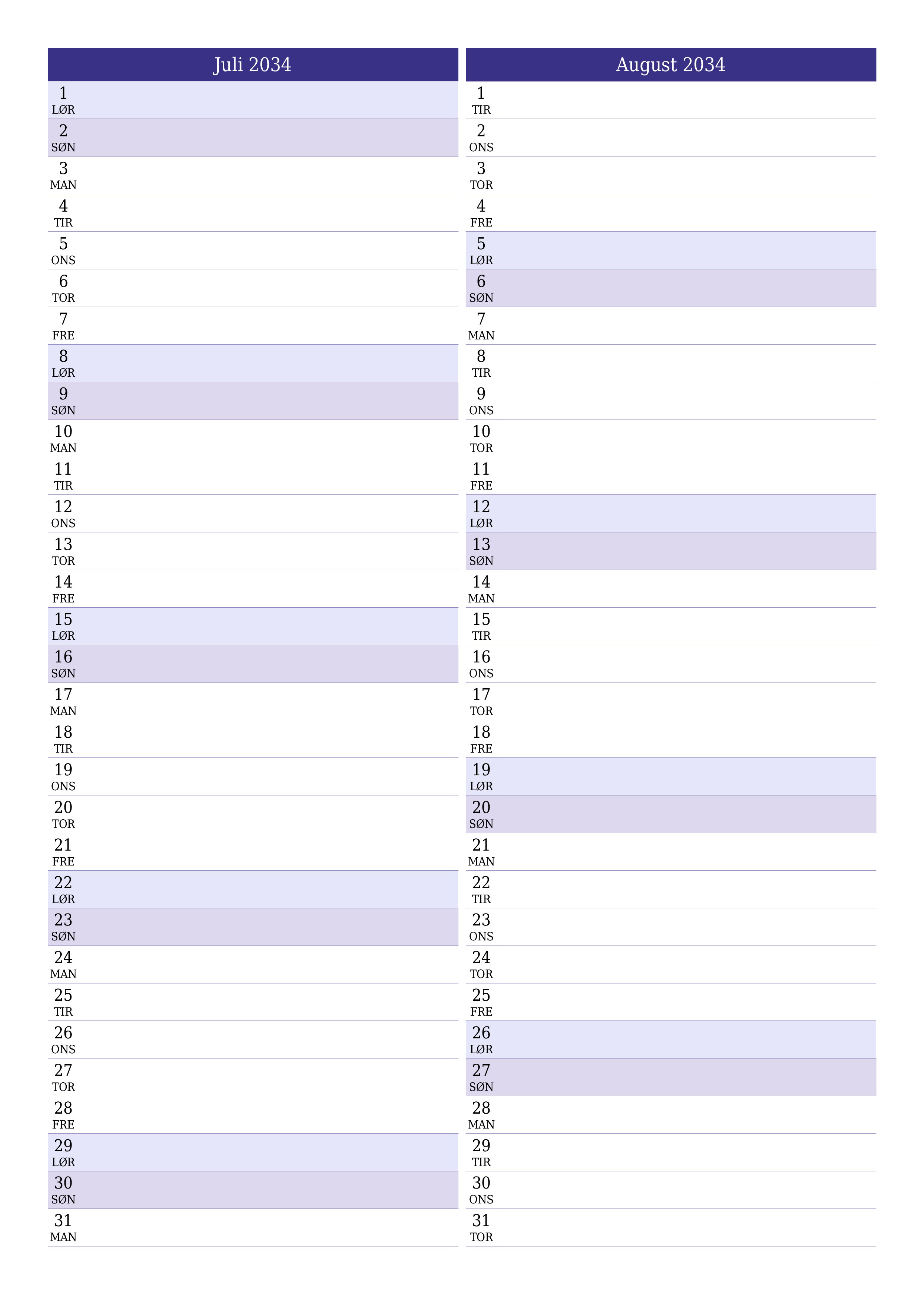 utskrivbar vegg mal gratis vertikal Månedlig planlegger kalender Juli (Jul) 2034