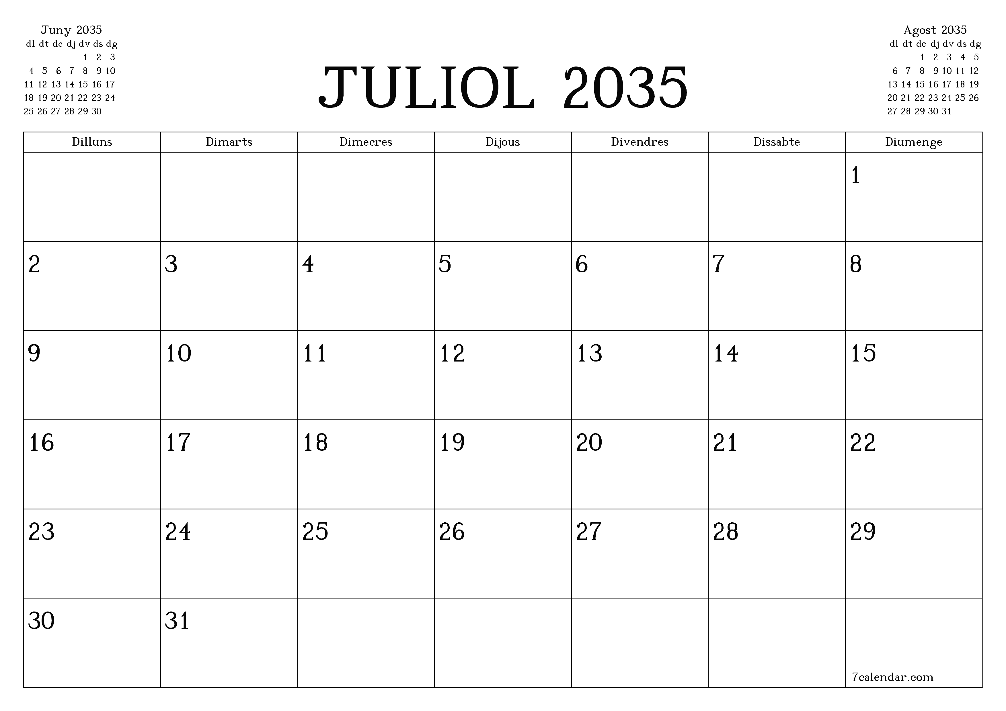 Planificador mensual buit del mes Juliol 2035 amb notes, deseu-lo i imprimiu-lo en format PDF PNG Catalan