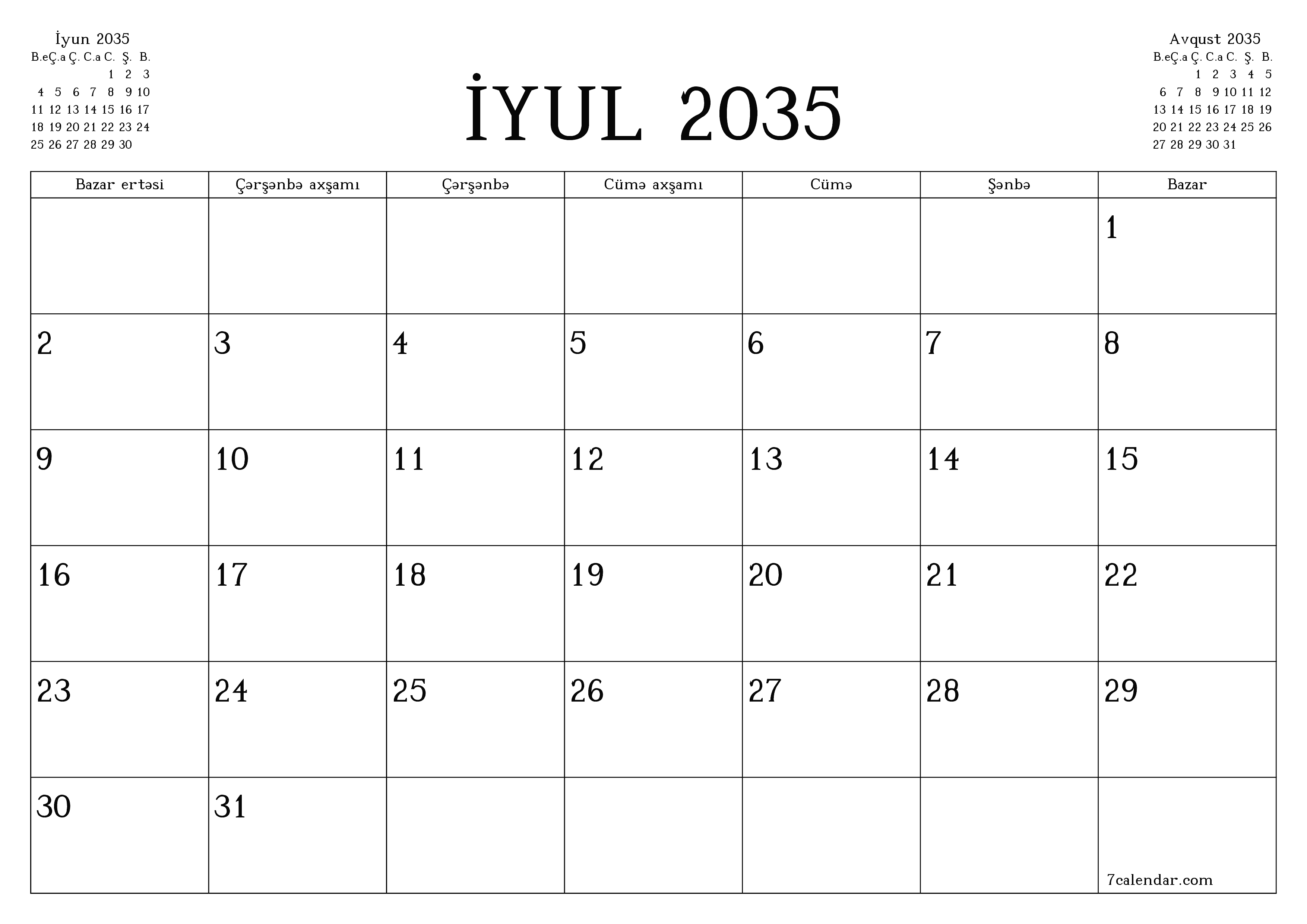İyul 2035 ayı üçün qeydlər ilə boş aylıq planlayıcı, qeyd edin və PDF-ə yazdırın PNG Azerbaijani