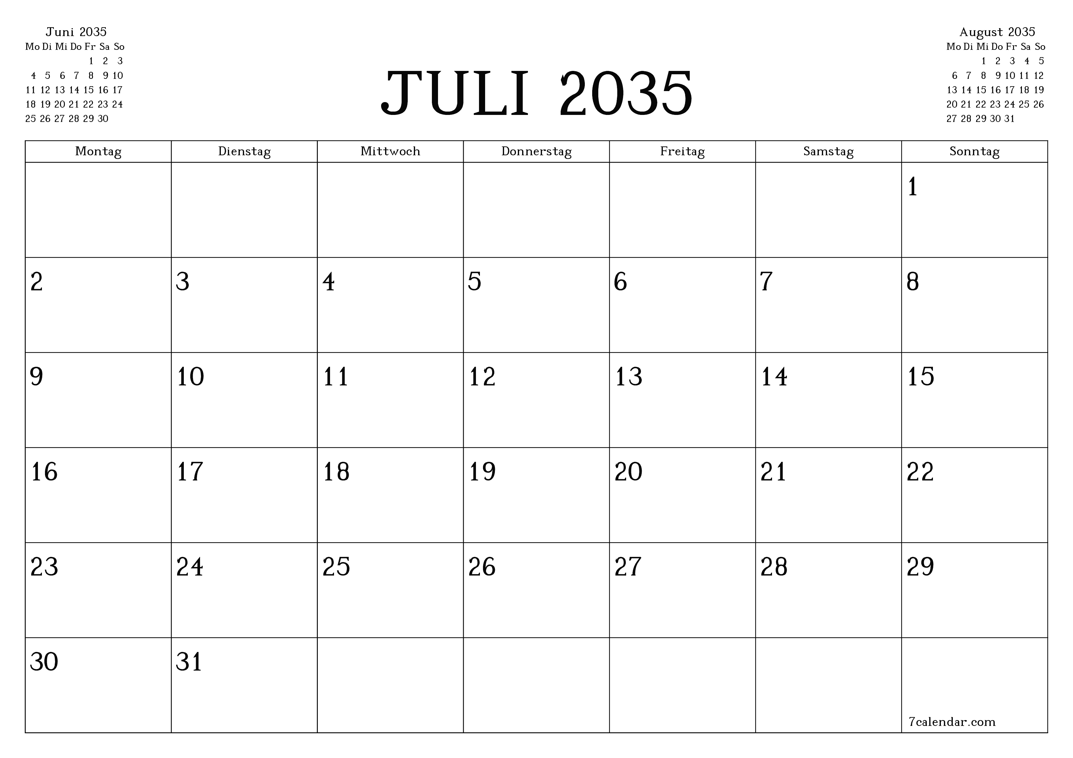 Monatsplaner für Monat Juli 2035 mit Notizen leeren, speichern und als PDF PNG German - 7calendar.com drucken