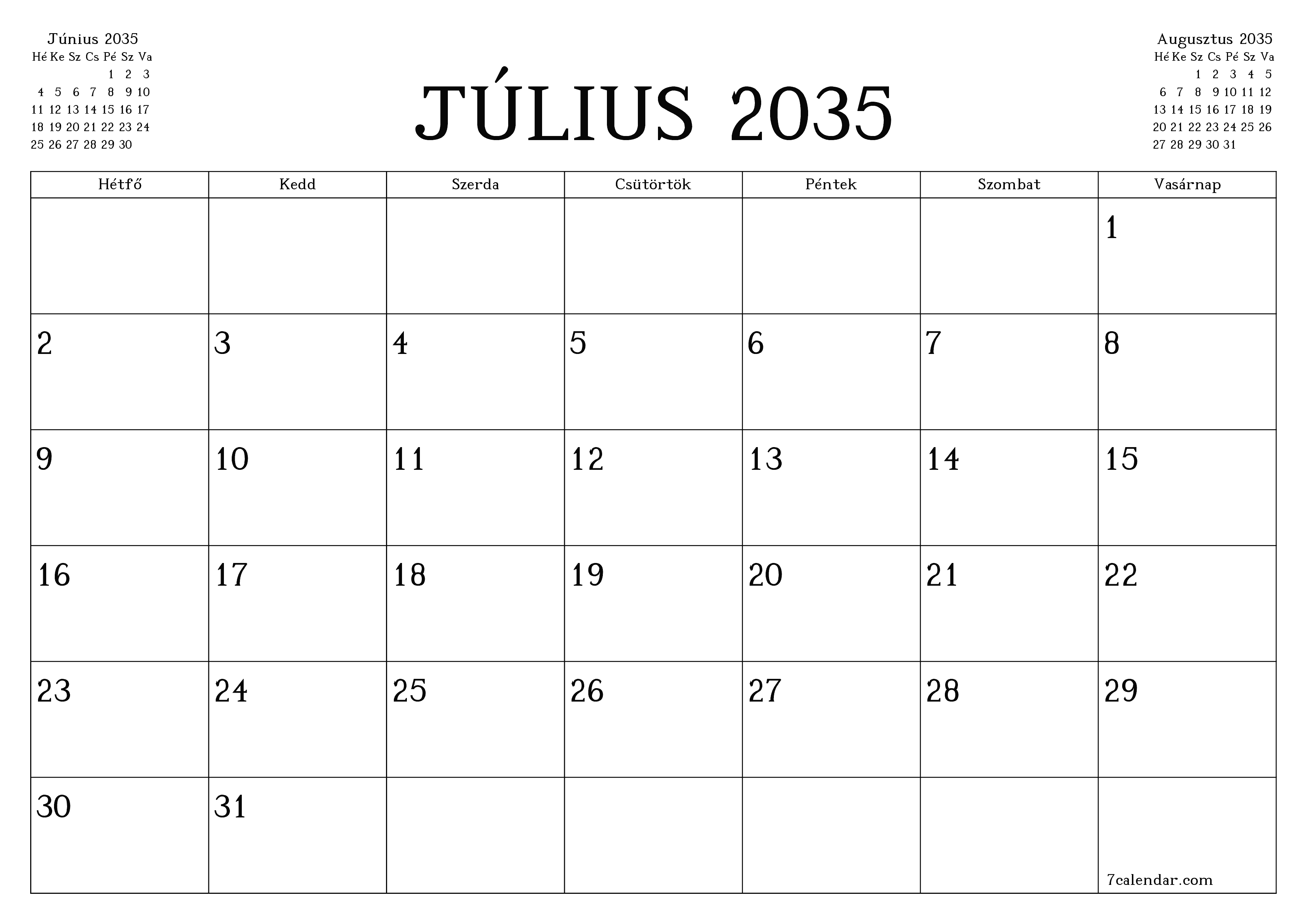 Üres havi tervező a Július 2035 hónapra jegyzetekkel, mentés és nyomtatás PDF-be PNG Hungarian