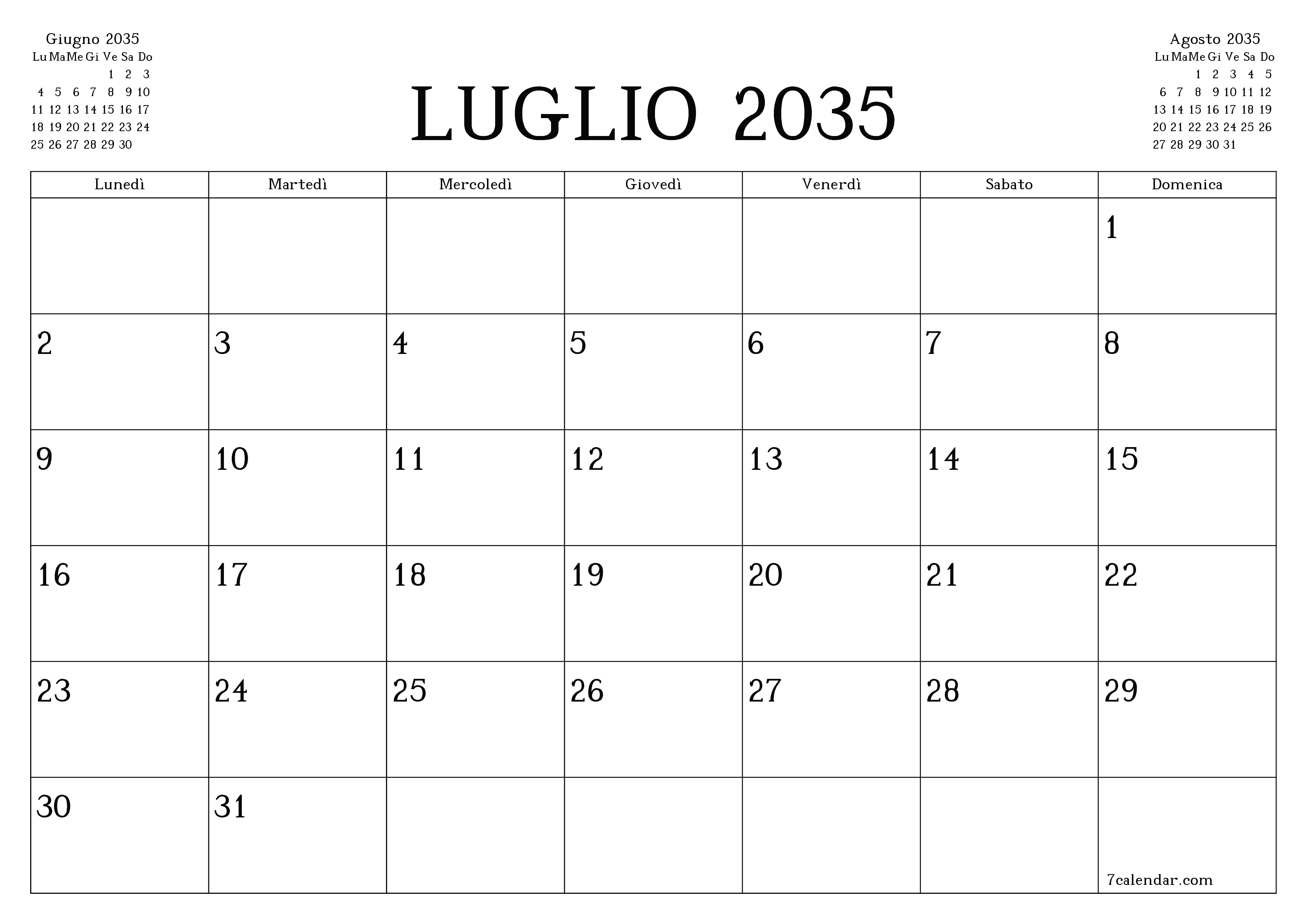 Pianificatore mensile vuoto per il mese Luglio 2035 con note, salva e stampa in PDF PNG Italian