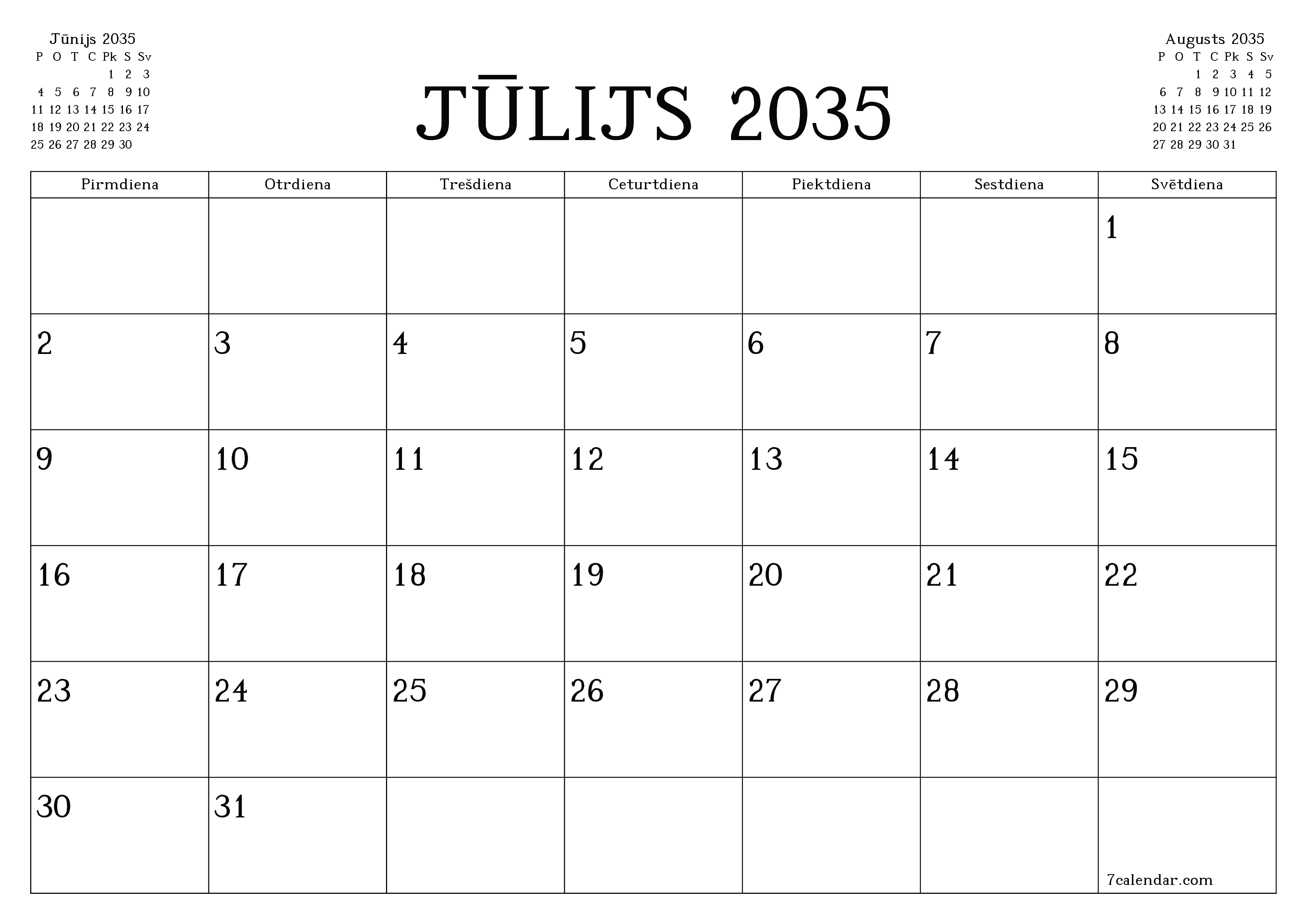 Iztukšot mēneša plānotāju mēnesim Jūlijs 2035 ar piezīmēm, saglabāt un izdrukāt PDF formātā PNG Latvian