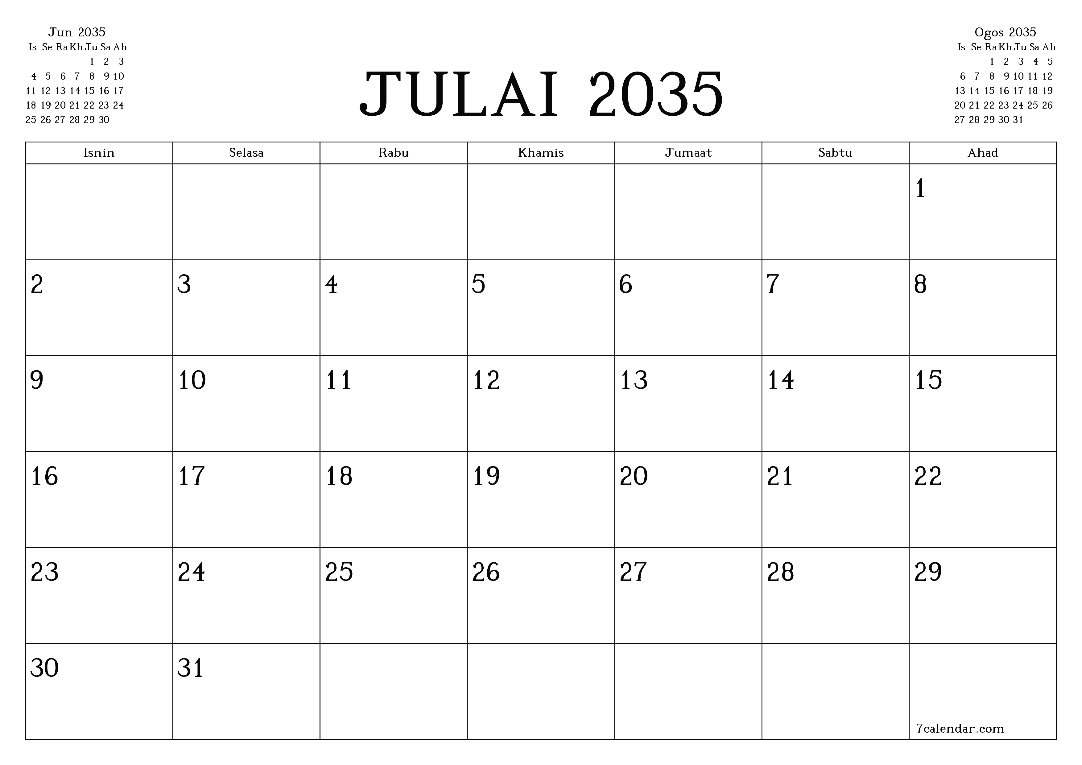 Perancang bulanan kosong untuk bulan Julai 2035 dengan nota, simpan dan cetak ke PDF PNG Malay