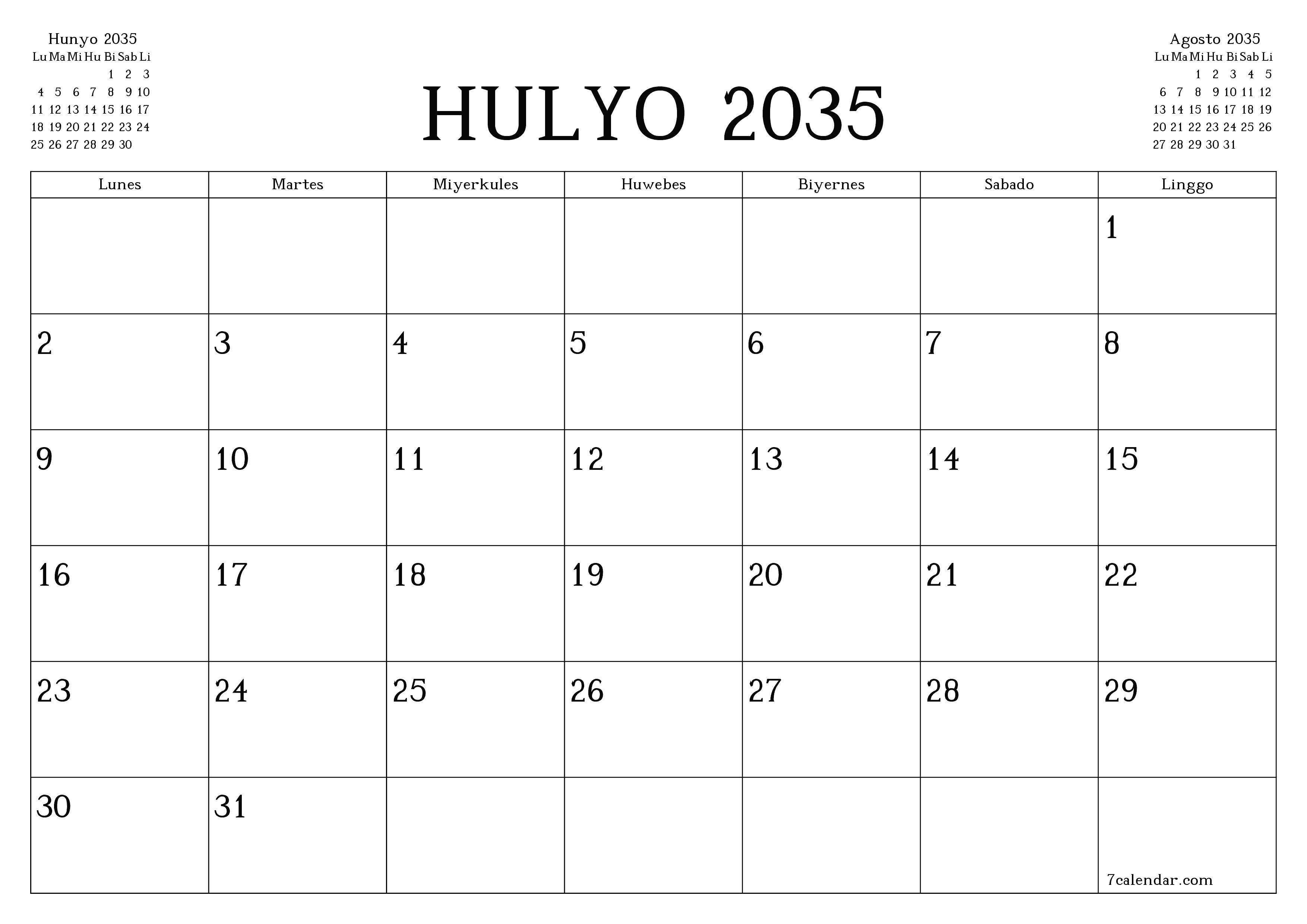 Walang laman na buwanang tagaplano para sa buwan na Hulyo 2035 na may mga tala, i-save at i-print sa PDF PNG Filipino