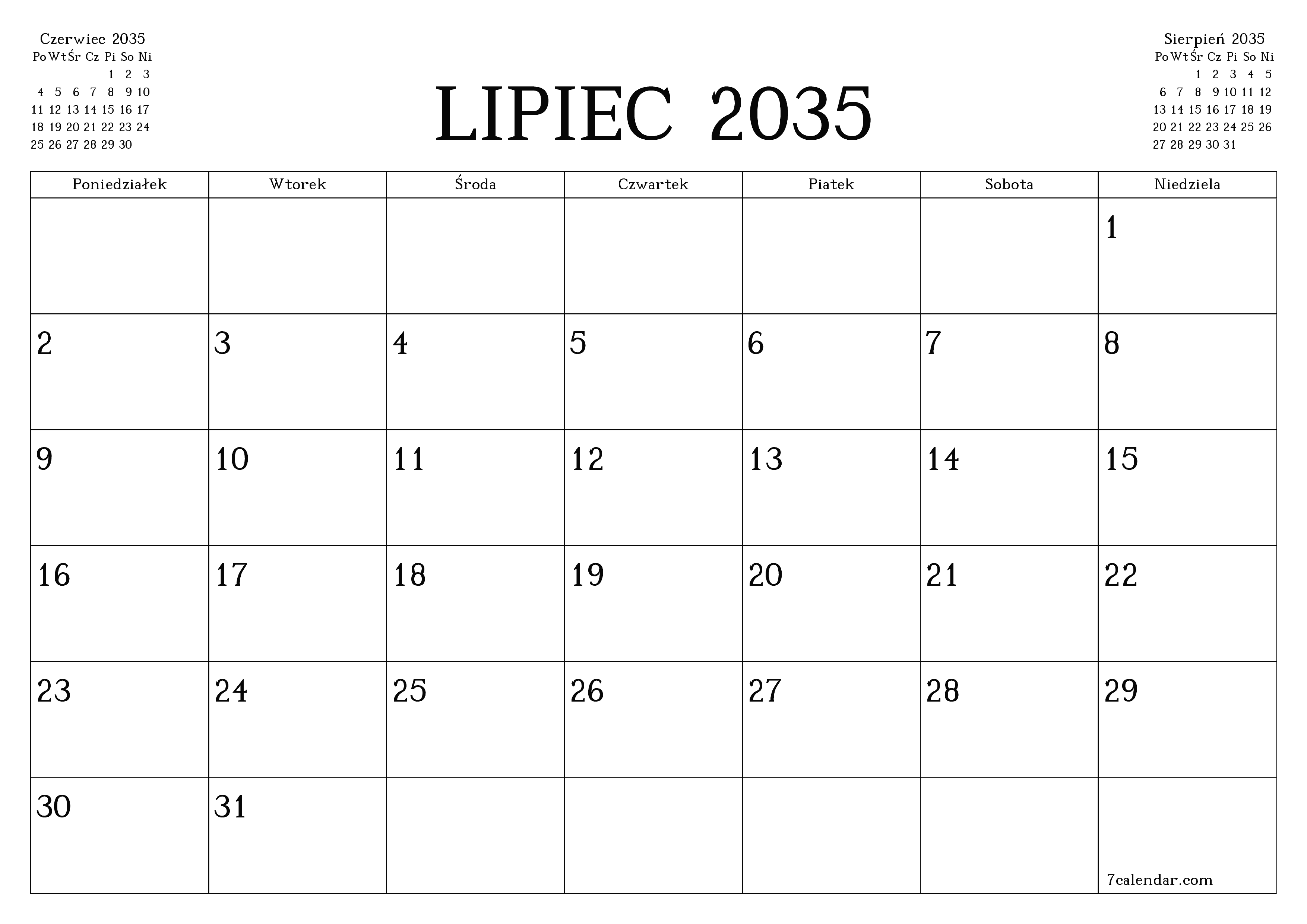 Opróżnij miesięczny planer na miesiąc Lipiec 2035 z notatkami, zapisz i wydrukuj w formacie PDF PNG Polish