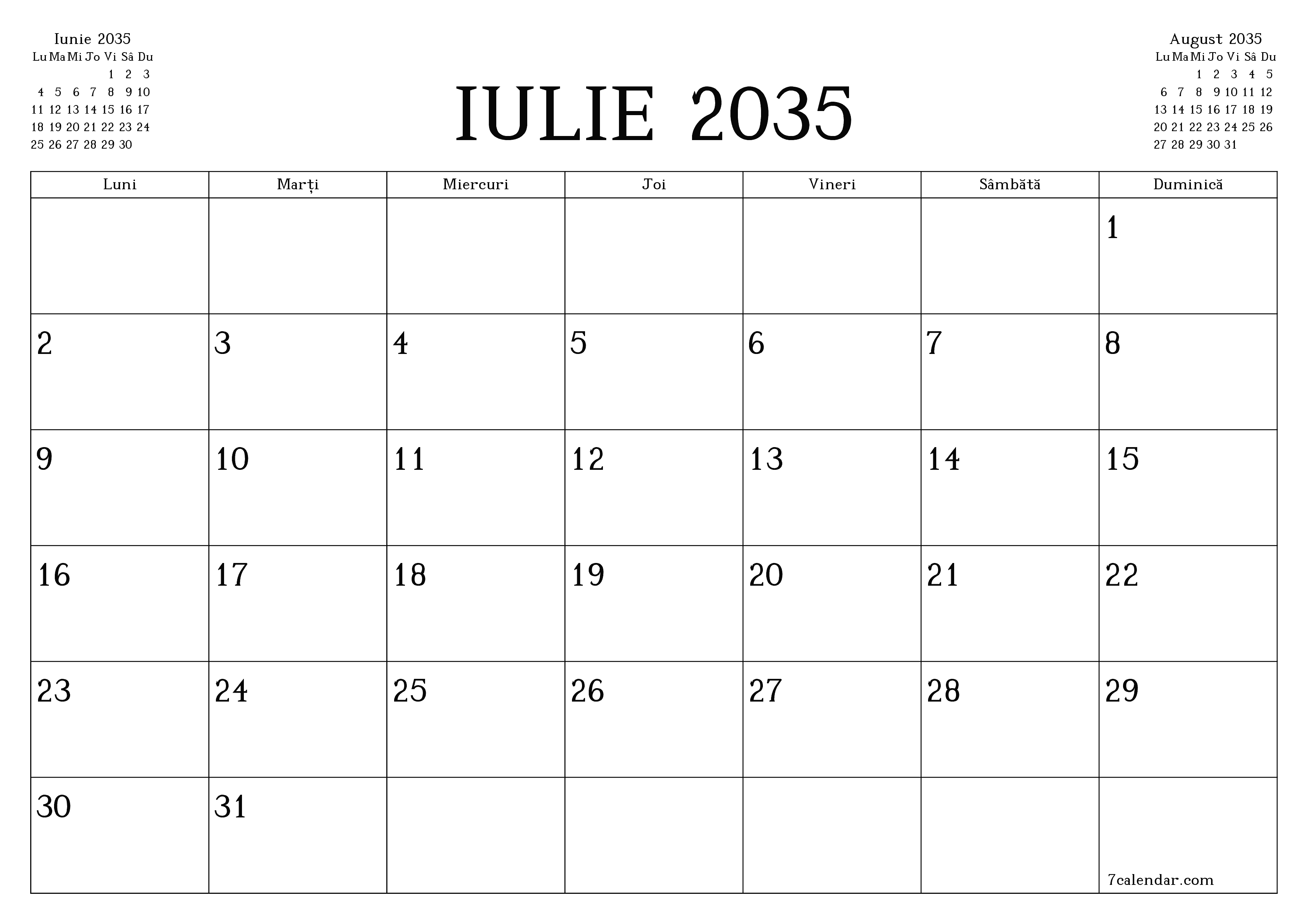 Planificator lunar gol pentru luna Iulie 2035 cu note, salvați și tipăriți în PDF PNG Romanian