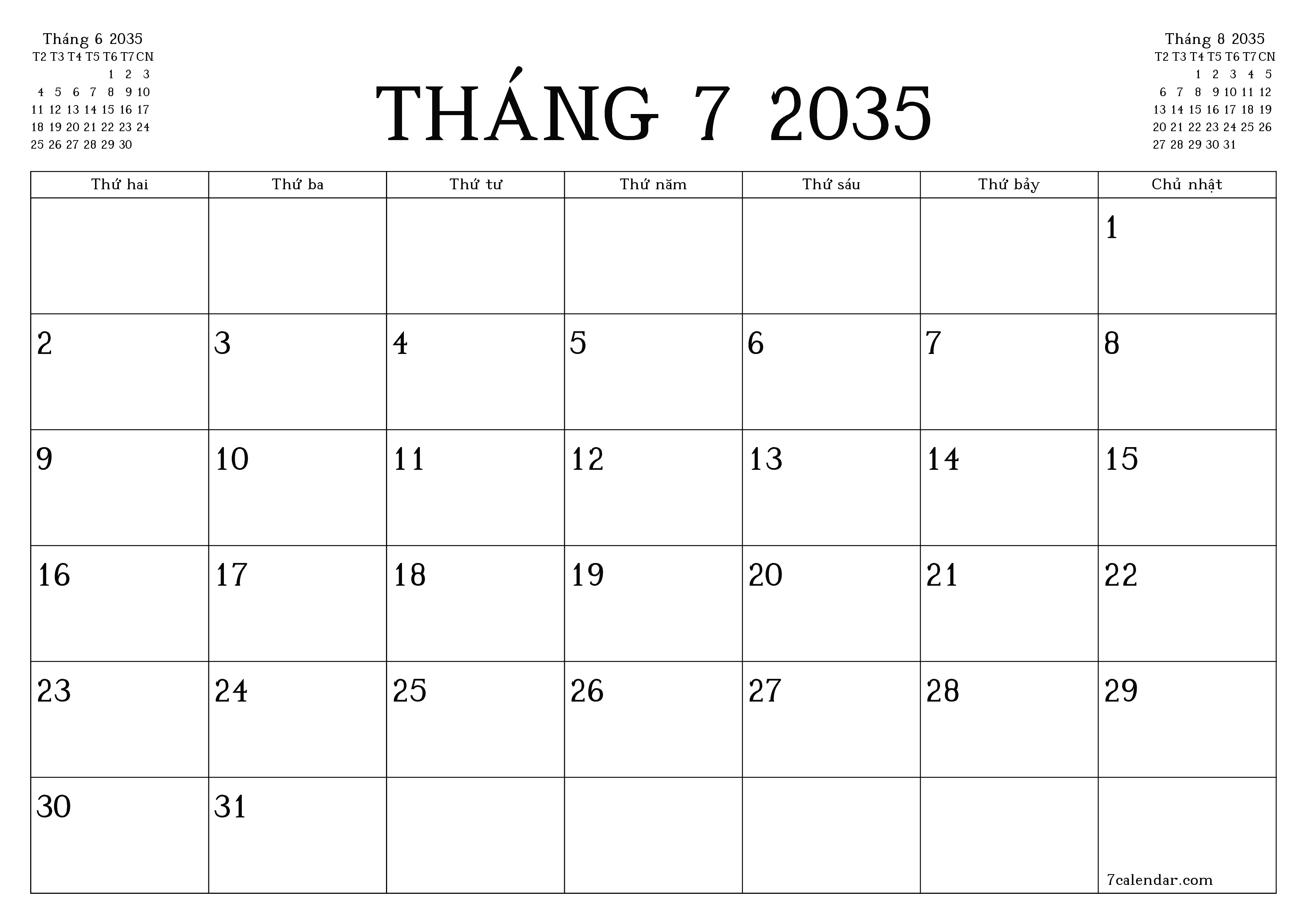Công cụ lập kế hoạch hàng tháng trống cho tháng Tháng 7 2035 có ghi chú, lưu và in sang PDF PNG Vietnamese