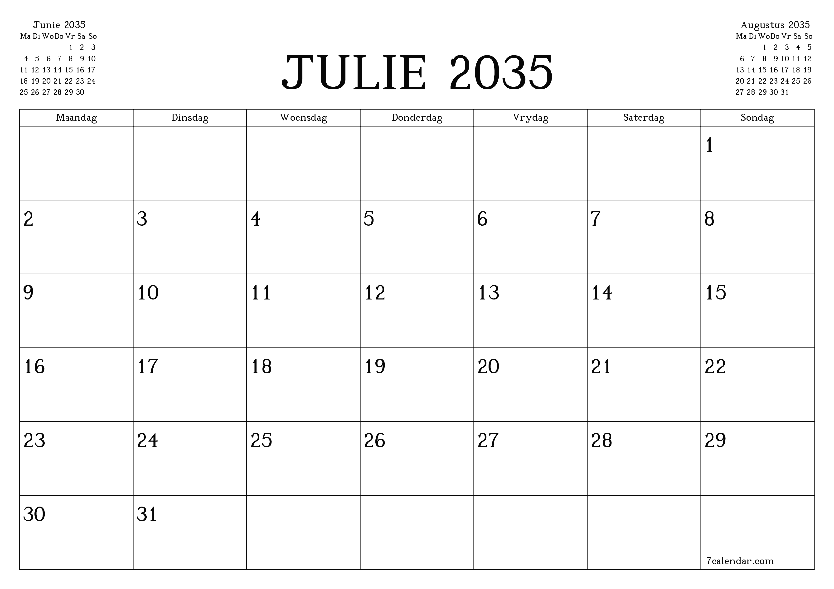 Leë maandelikse drukbare kalender en beplanner vir maand Julie 2035 met notas stoor en druk na PDF PNG Afrikaans
