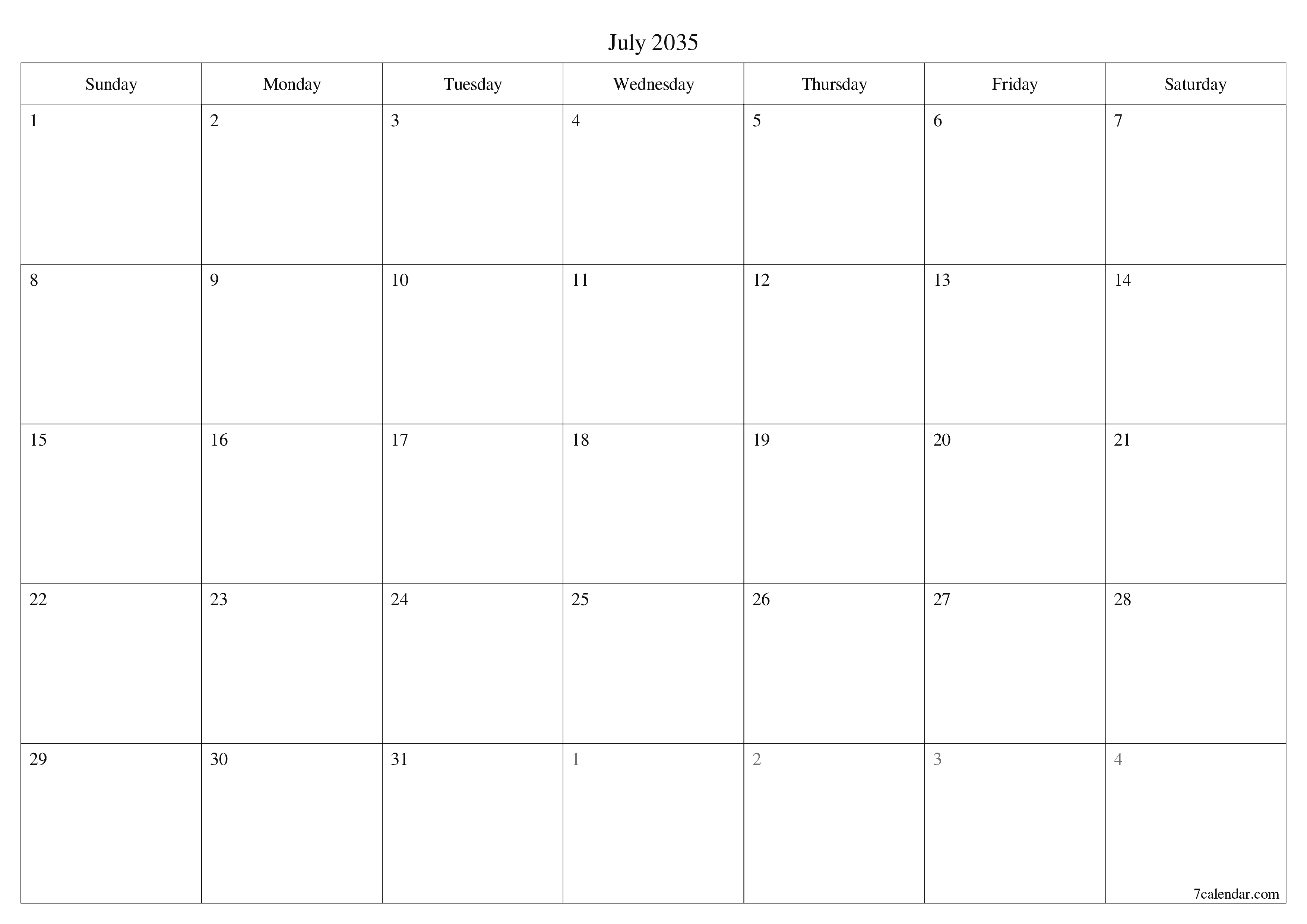 Blank calendar July 2035