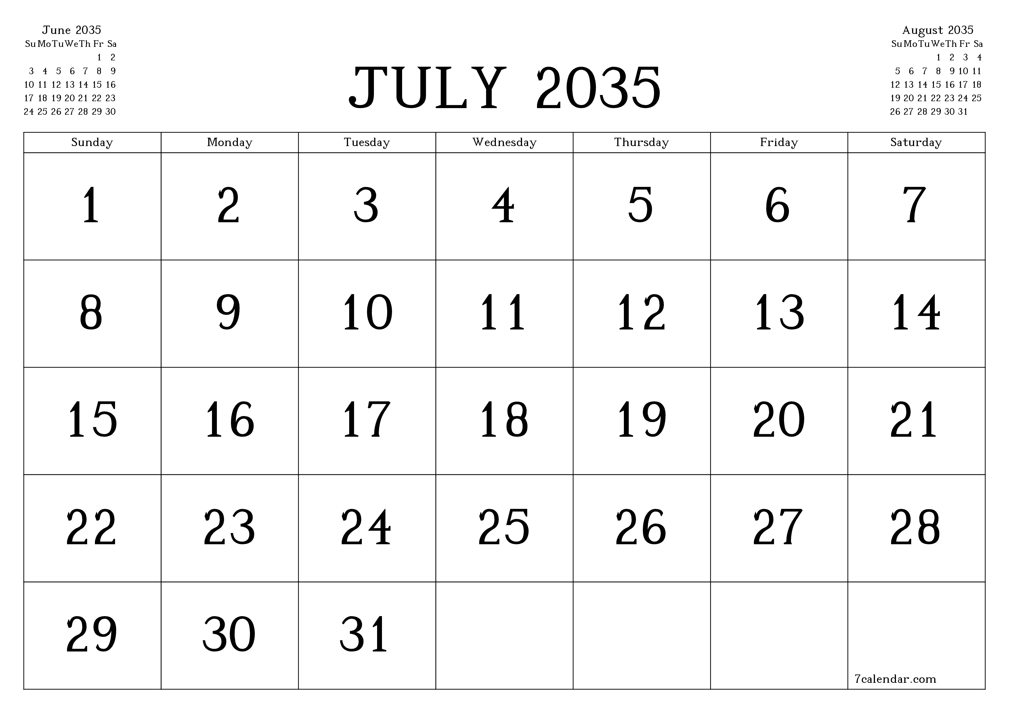 Blank calendar July 2035